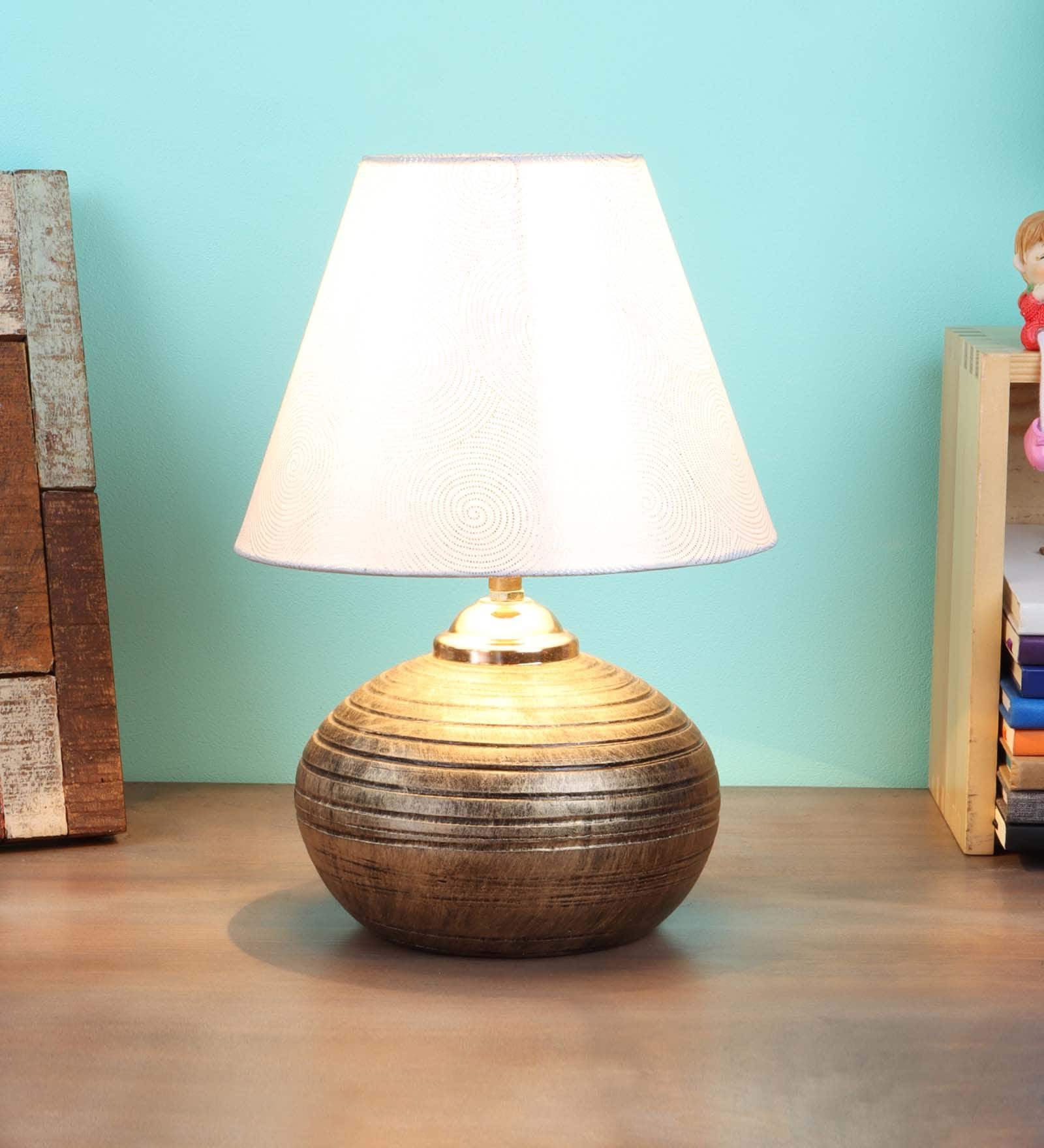 Silver Fabric Shade Table Lamp with Golden Base