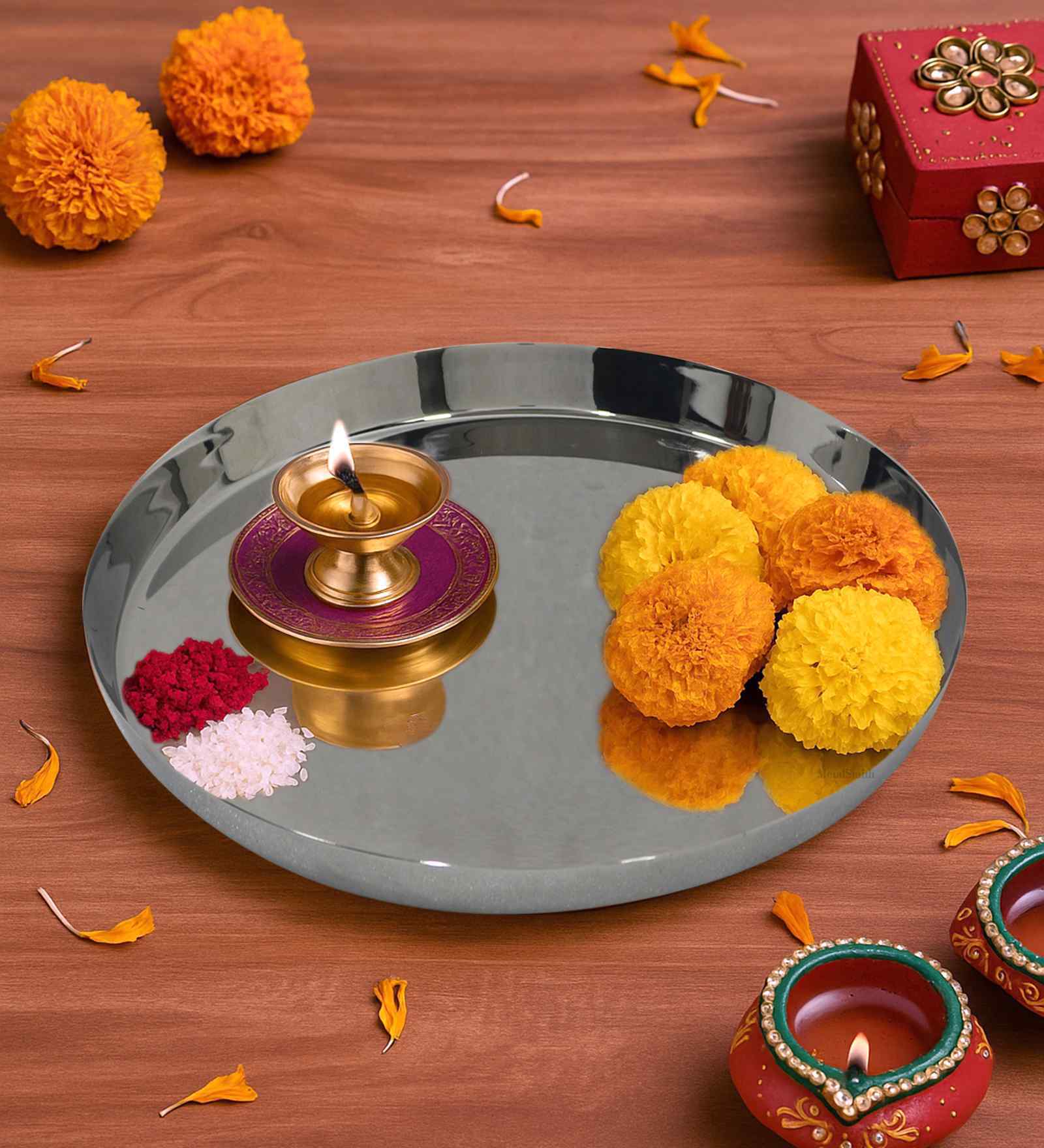 Silver Finish Modern Steel Pooja Thali