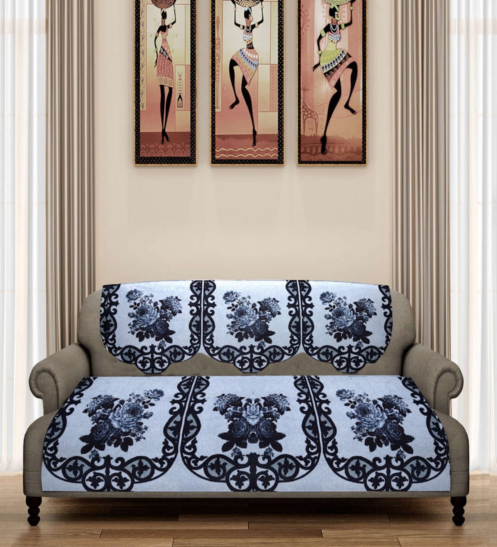 Silver Floral Polyester Velvet 5 Seater Sofa Cover