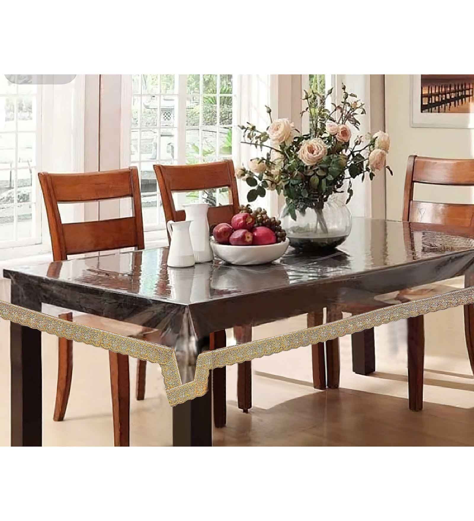 Silver Florals 1 Pc PVC 6 Seater Embellished Dining Table Cover