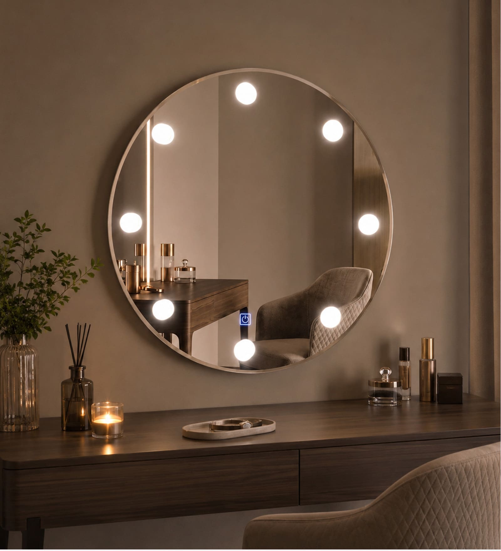 Silver Frameless Round Vanity Mirror With Lights 24 X 24 In