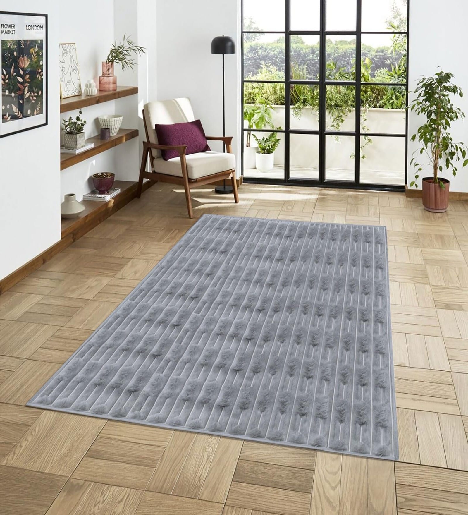 Silver Geometric Polyester Blend 4 X 6 Feet Machine Made Carpet