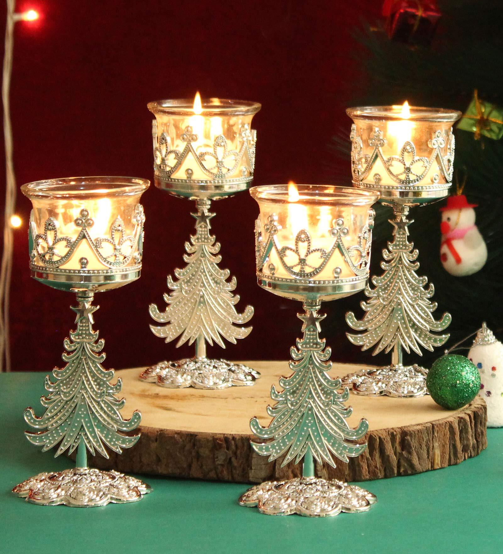 Decorative Silver Glass Set Of 4 Votive Tealight Candle Holder With Stand