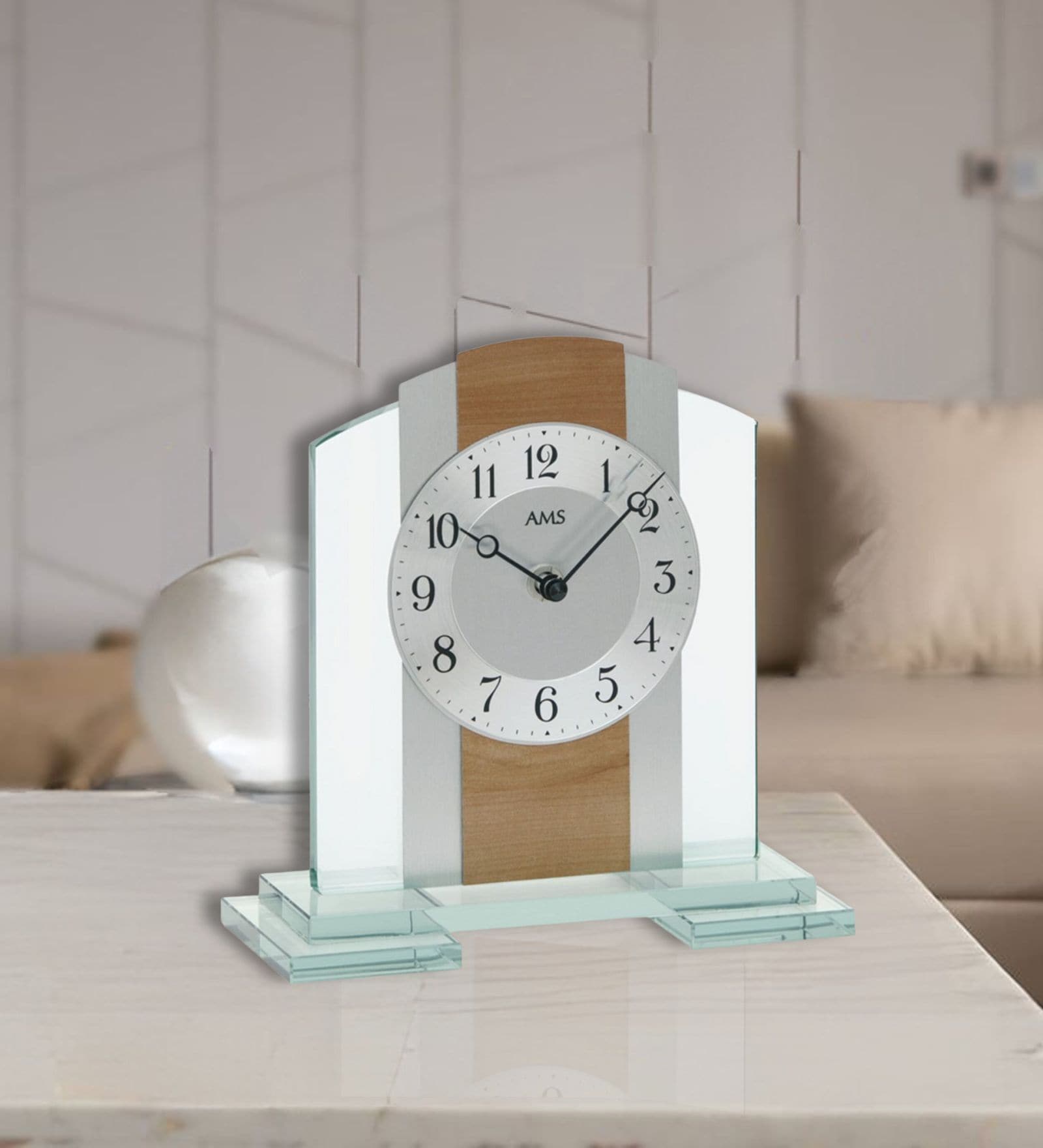 Silver & White Glass Table Clock