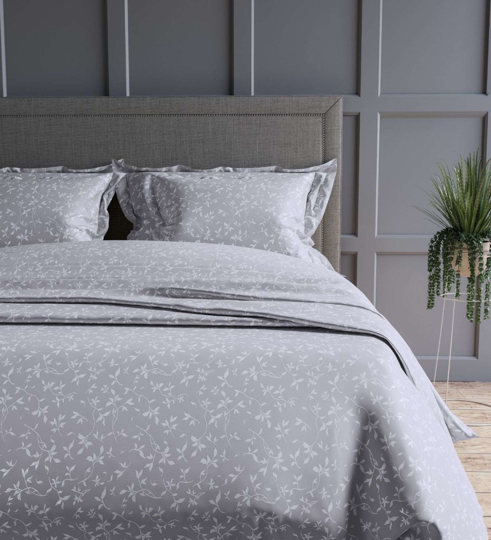Silver Grey Floral 300TC Cotton Super King Sized Double Bedsheet with 2 piping Pillow Covers
