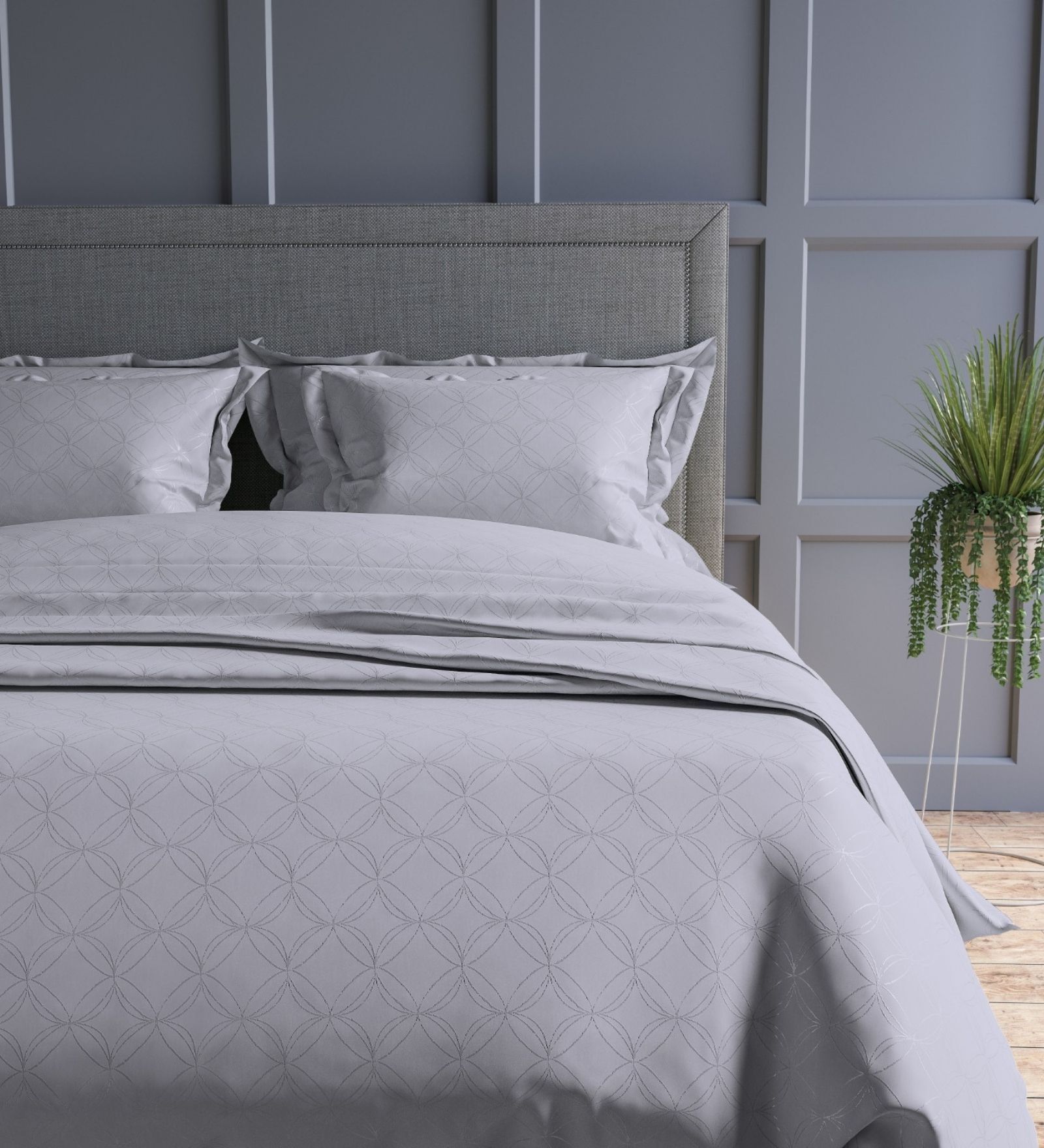 Silver Grey Geometric 300TC Cotton Super King Sized Double Bedsheet with 2 piping Pillow Covers