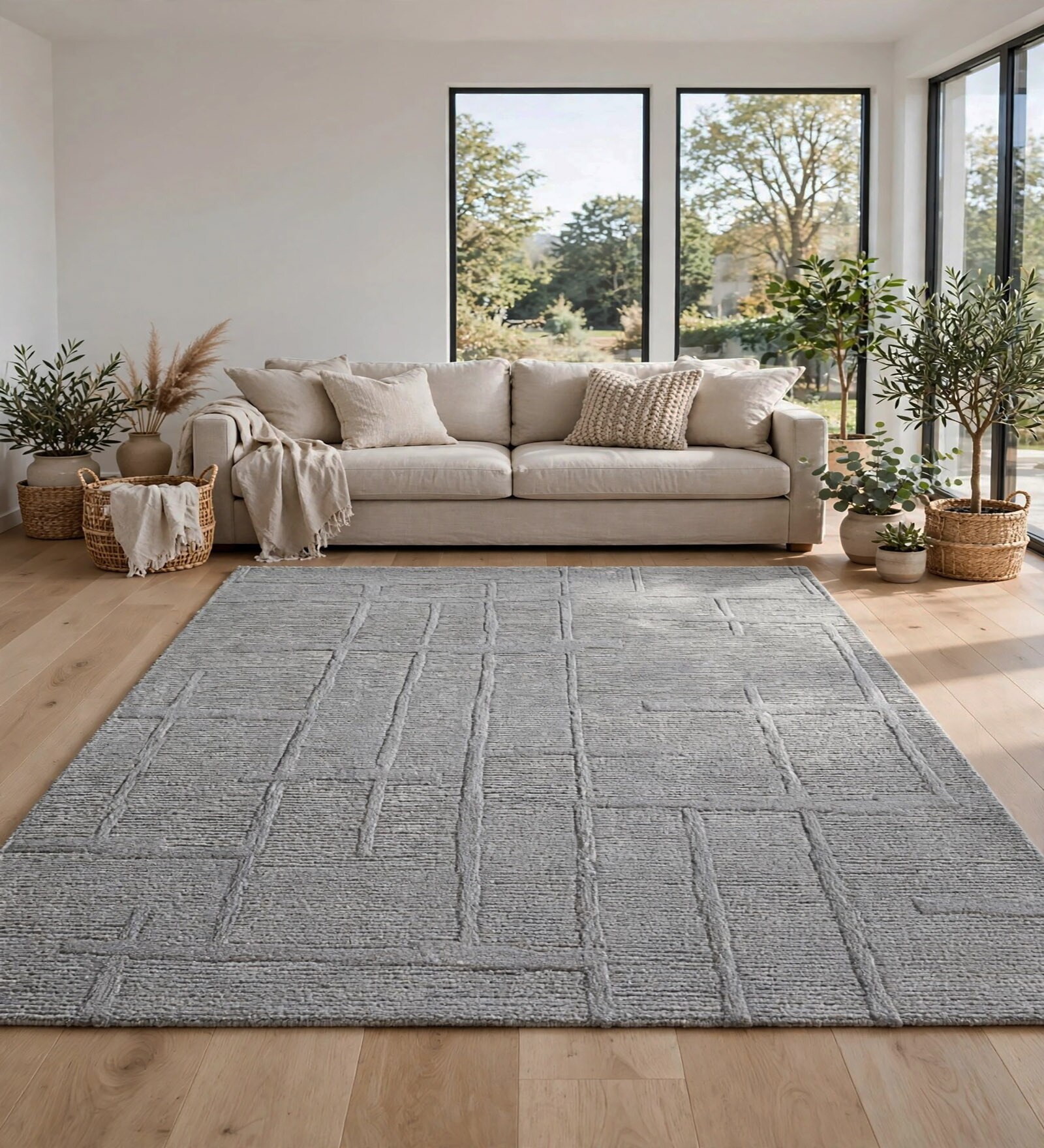 Silver Grey Geometric Wool And Cotton 8 X 5 Feet Hand Tufted Carpet