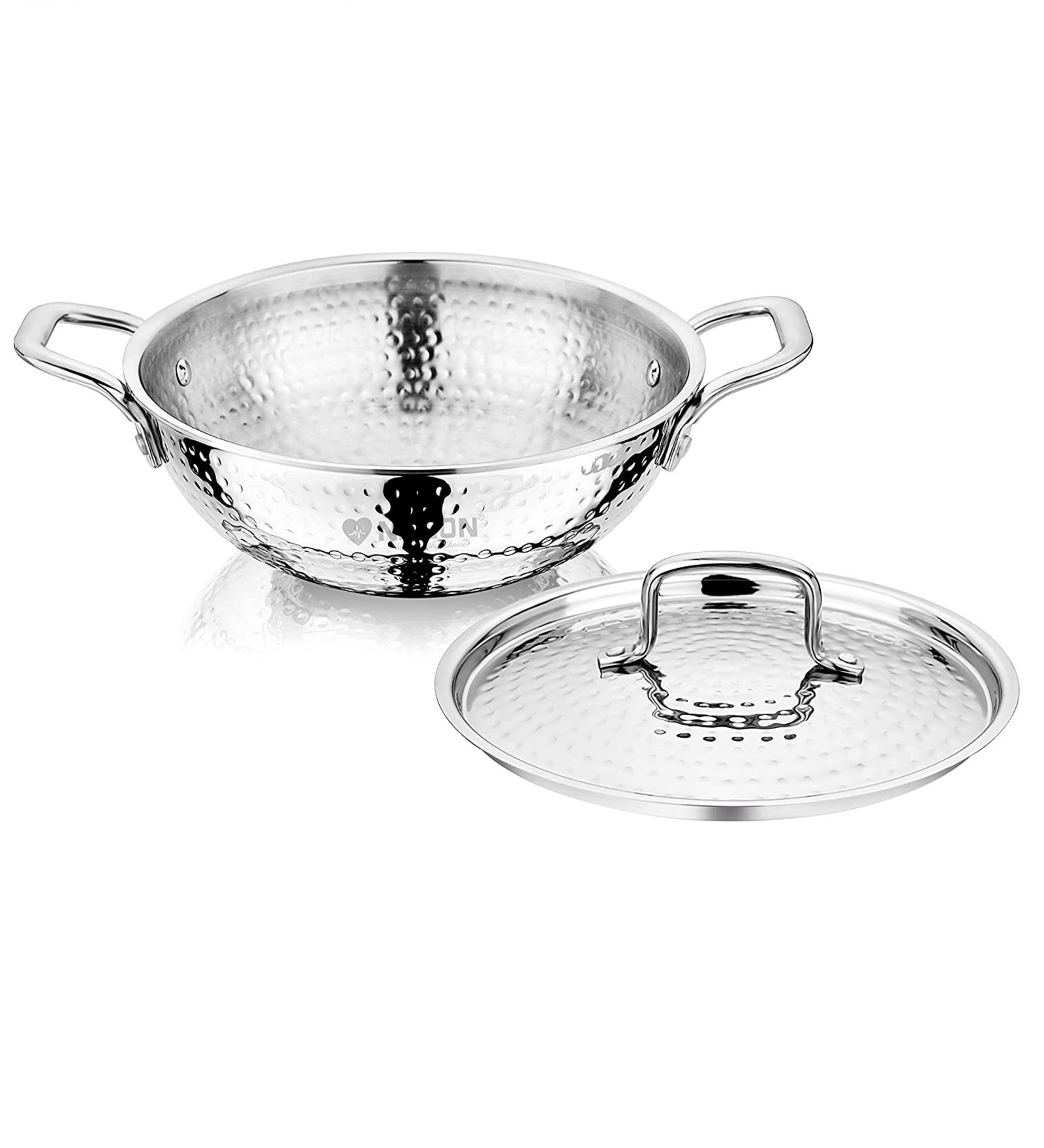 Silver Hammered Triply Stainless Steel 24 cm Deep Kadhai with Stainless Steel Lid