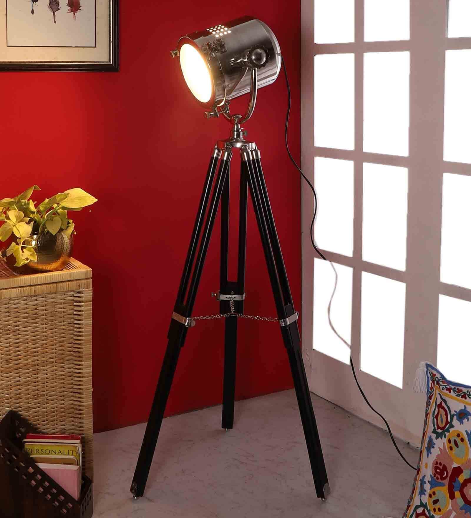 Wave Silver Metal Shade Tripod Floor Lamp With Sheesham Wood Base