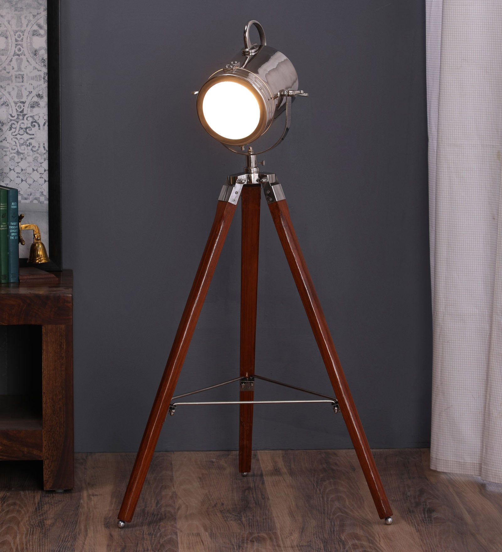 Silver Metal Shade Tripod Floor Lamp with Brown Base