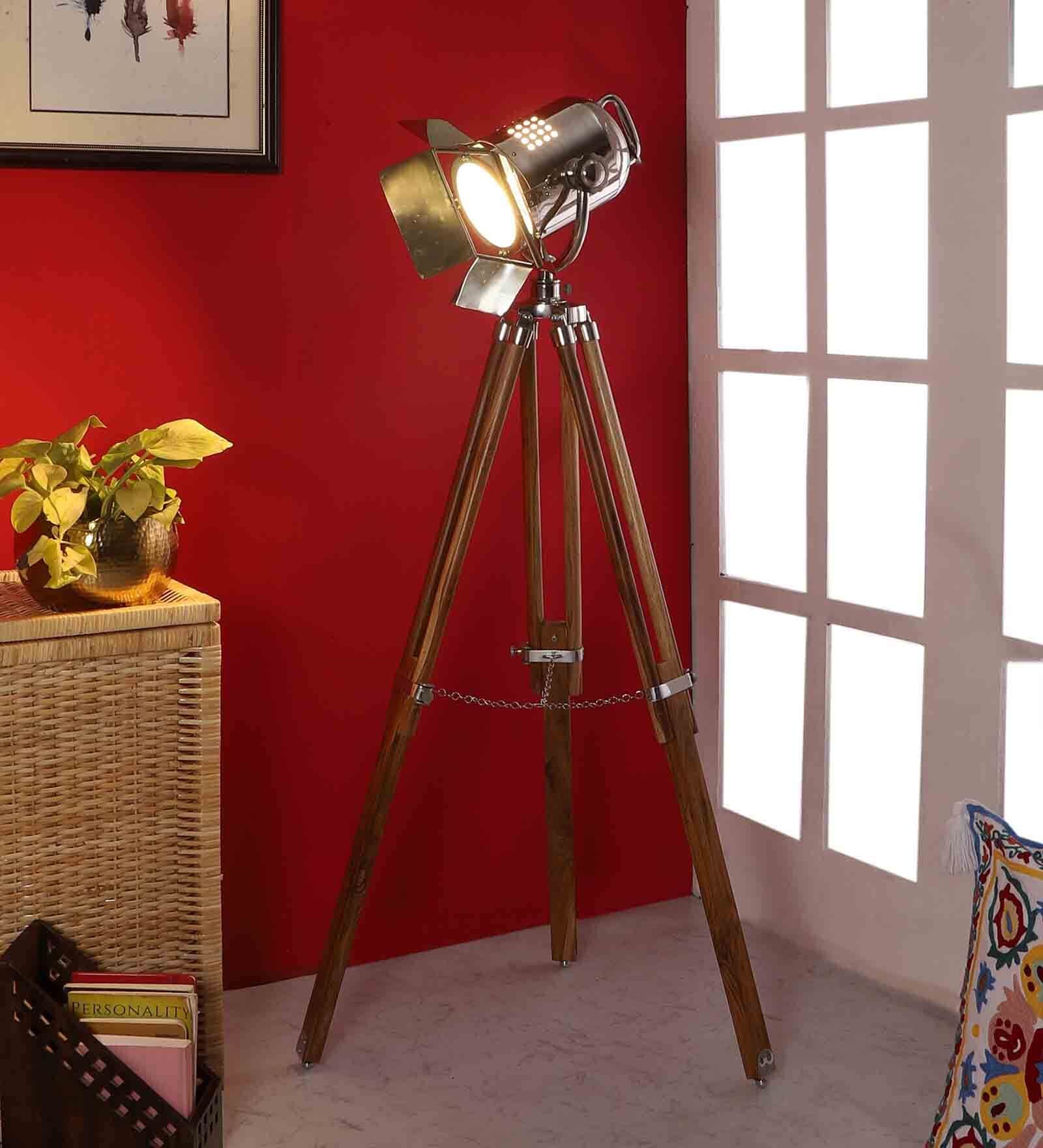 Black Metal Shade Tripod Floor Lamp With Teak wood Base