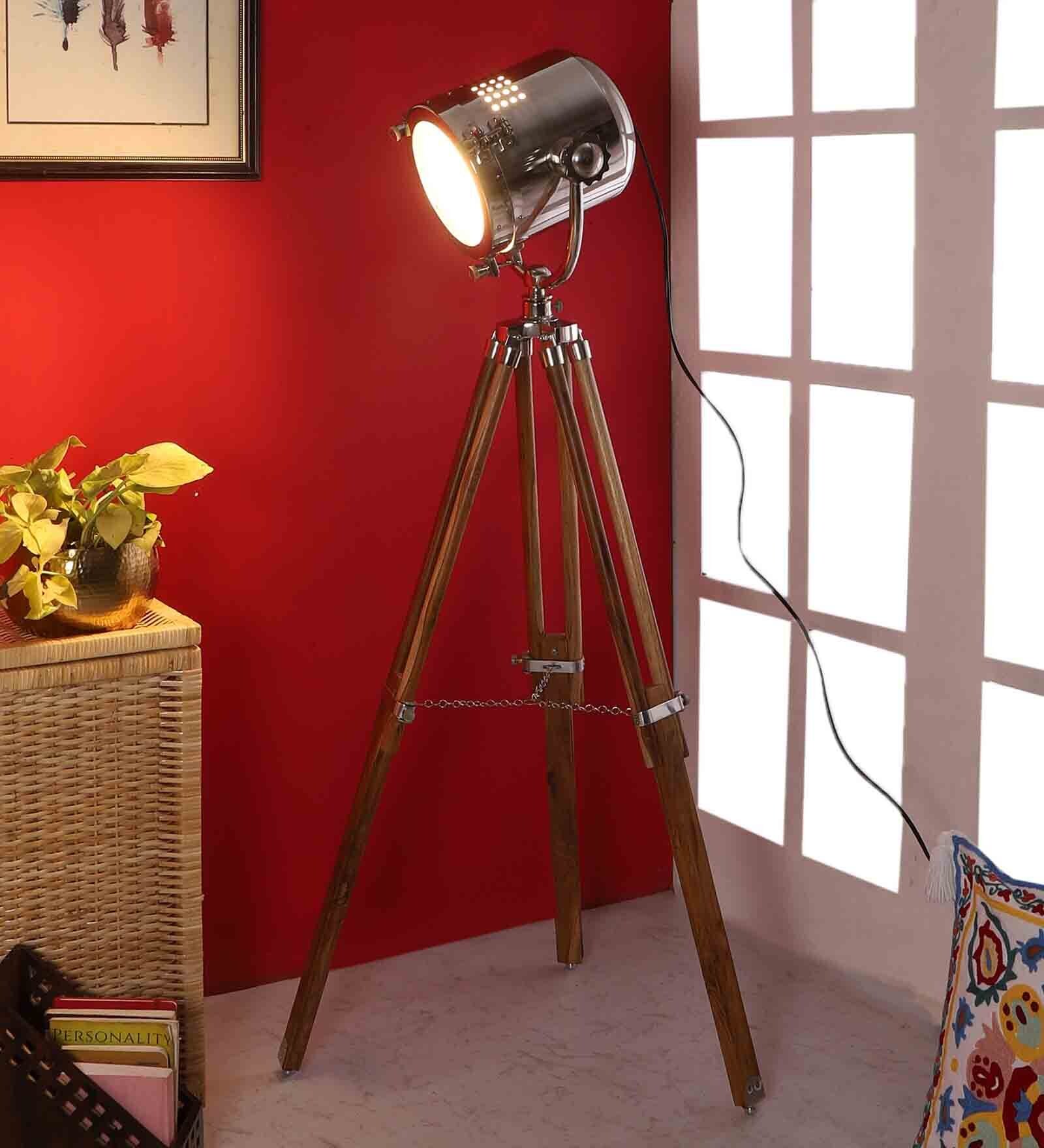 Kepler Silver Metal Shade Tripod Floor Lamp With Teak wood Base