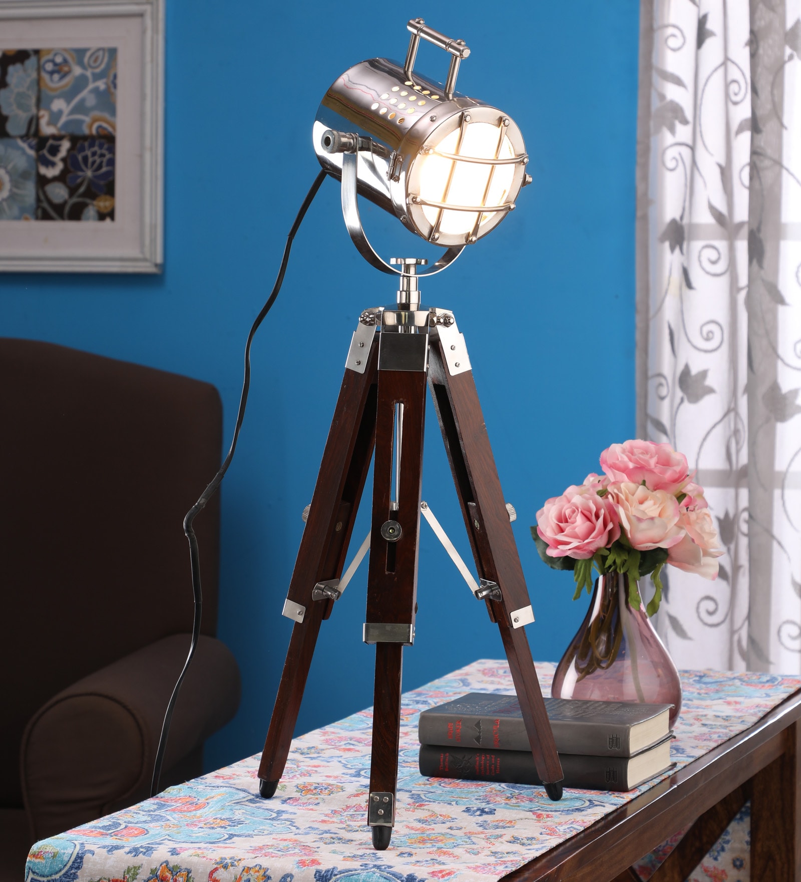 Silver Metal Shade Tripod Table Lamp with Brown Base