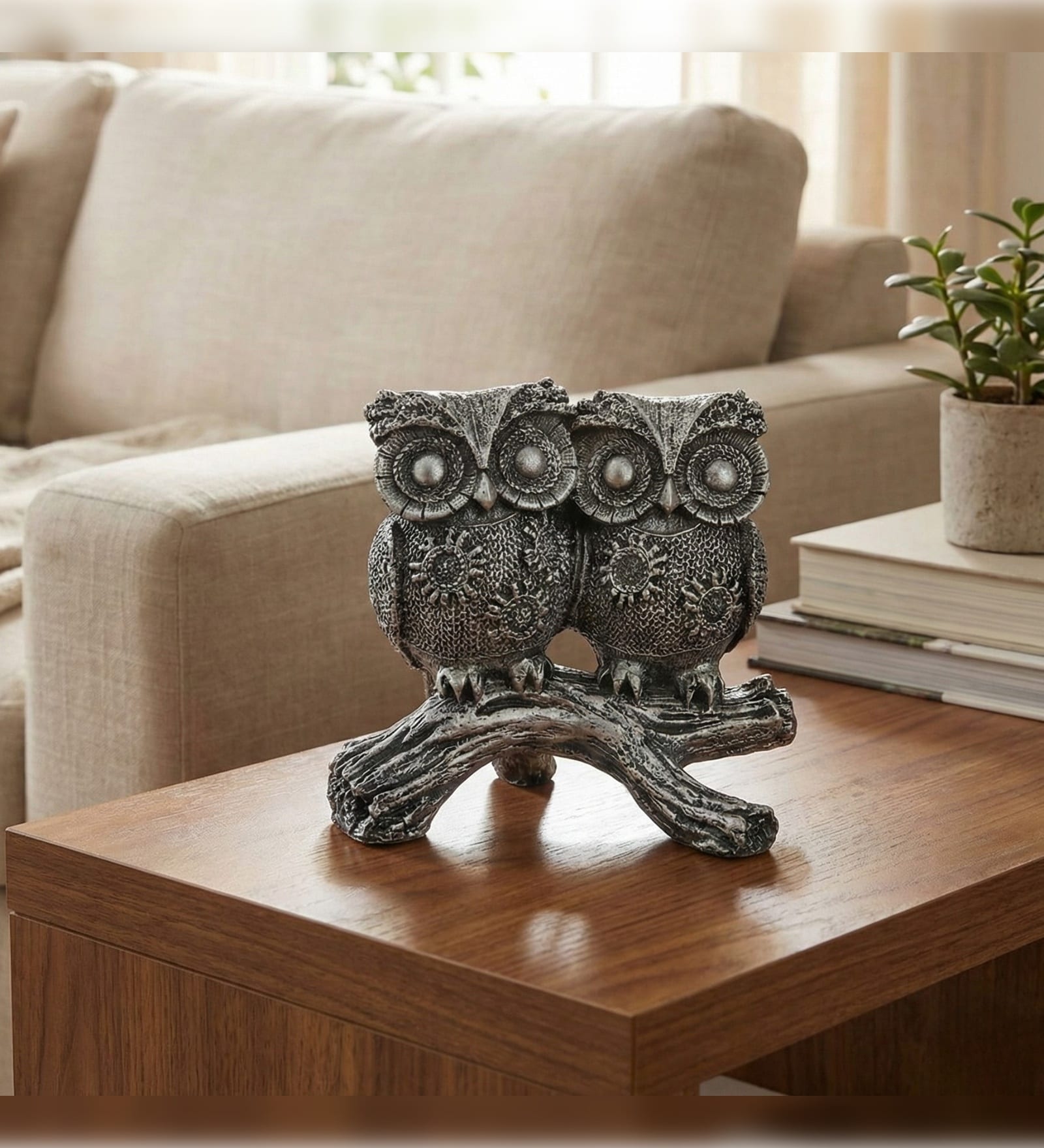 Silver Owls Sitting on Branch Decorative Showpiece