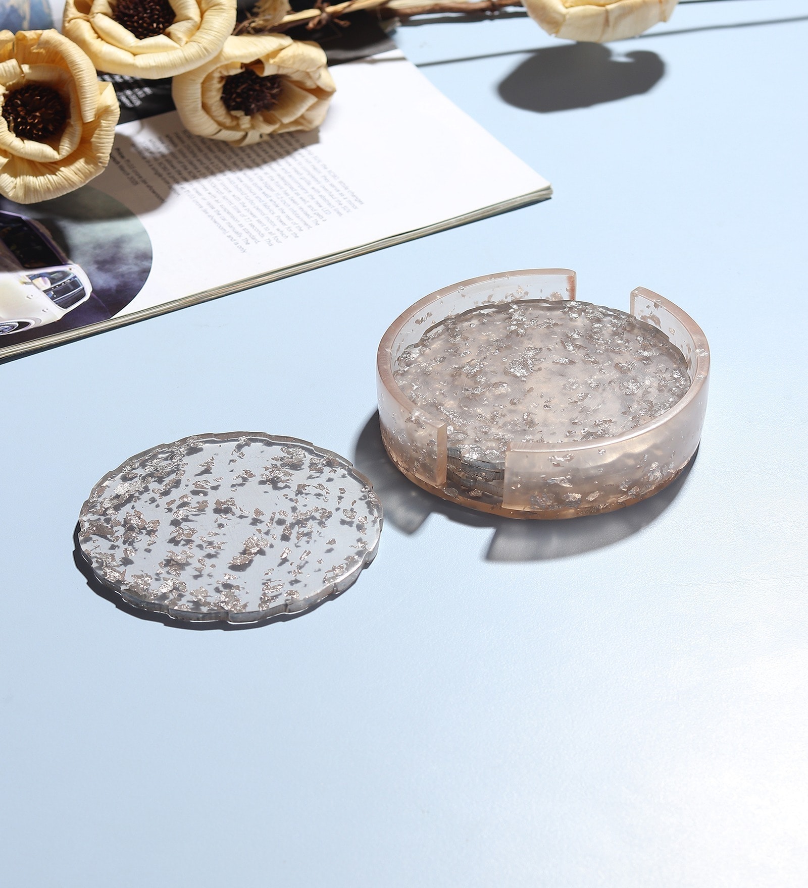 Set Of 4 Grey Resin Silver Petal Coaster