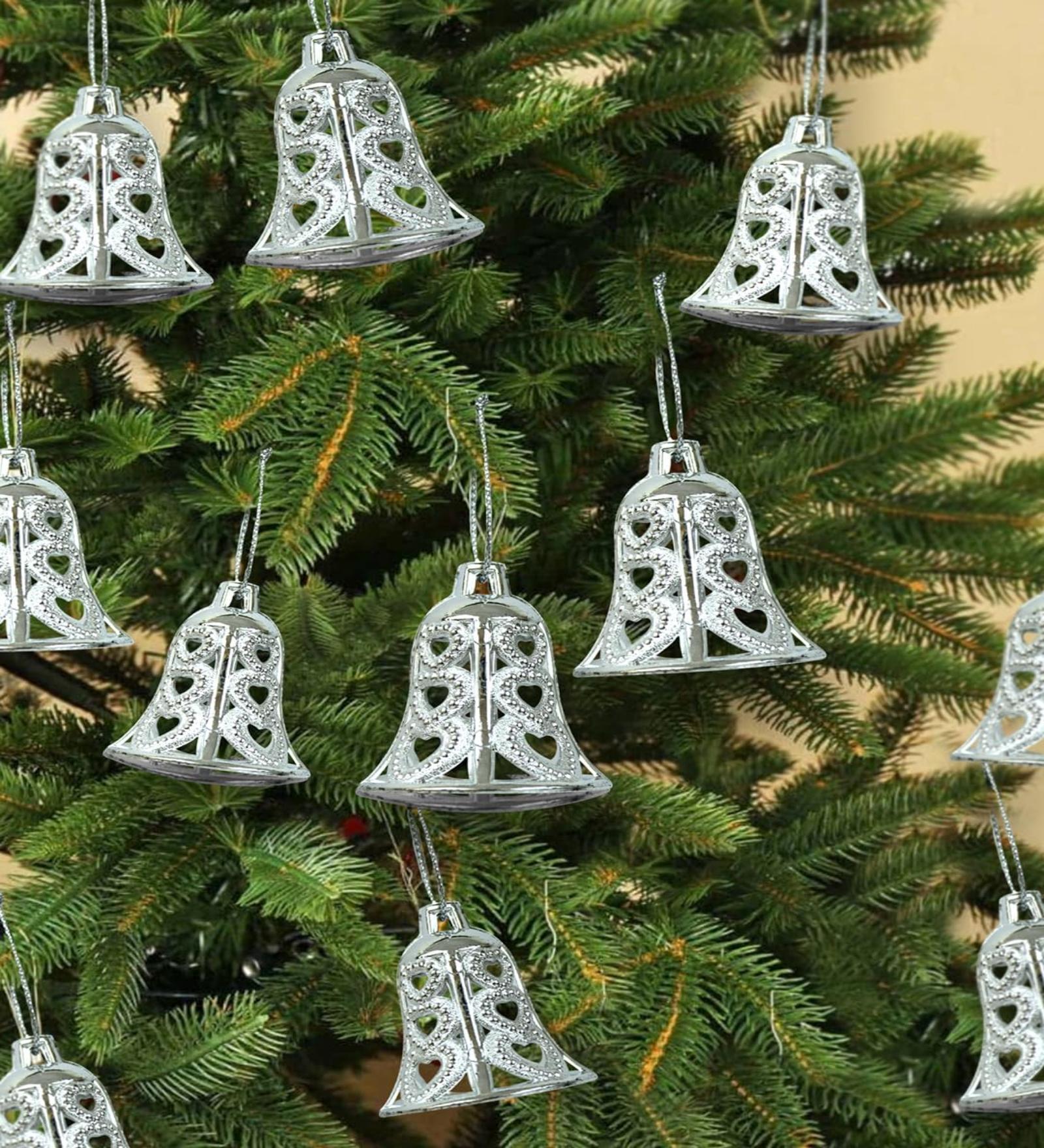 Silver Plastic (Pack of 12) Christmas Tree Hanging Bells