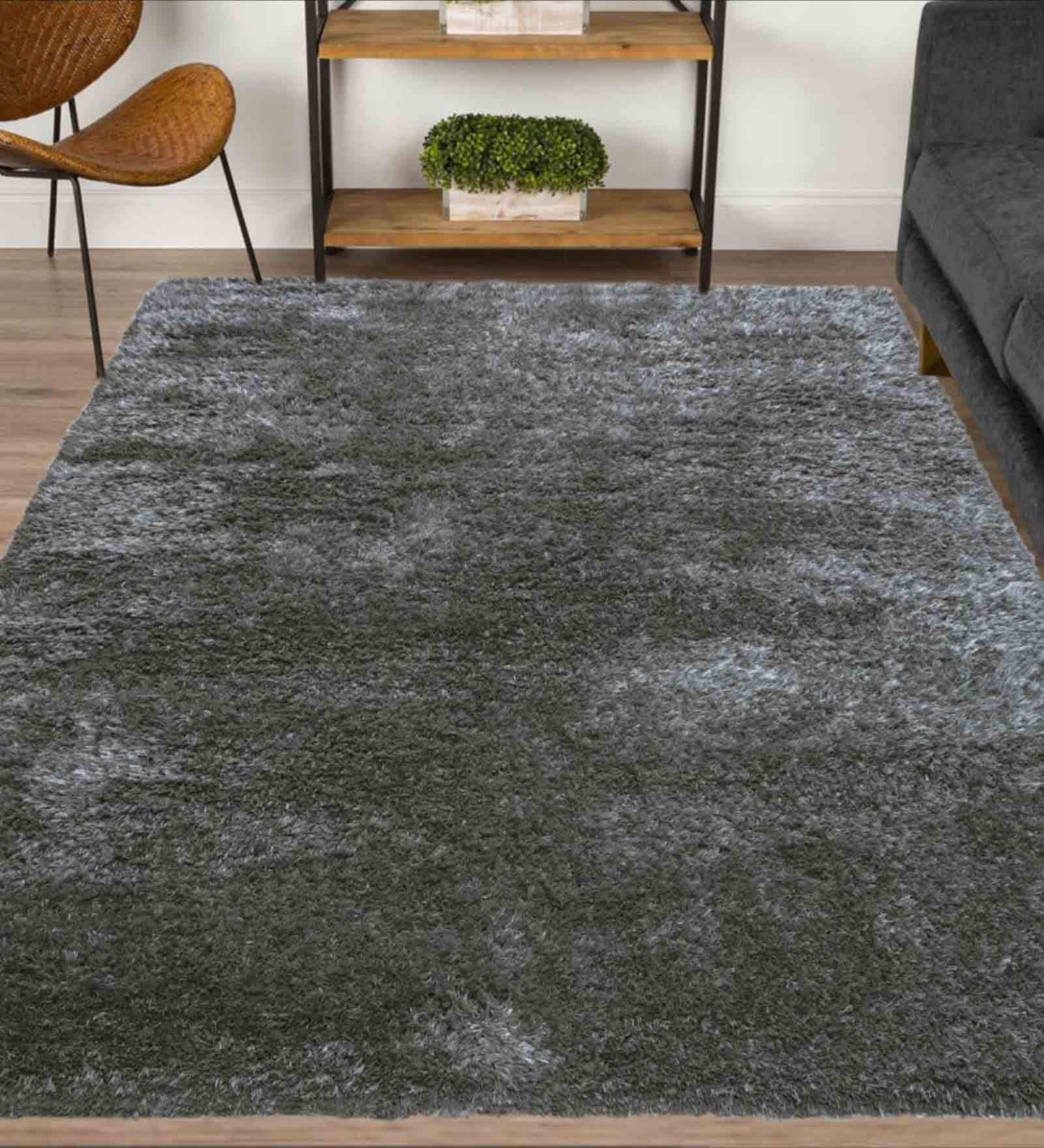 Silver Polyester Shaggy 5' x 3' Hand tufted Carpet