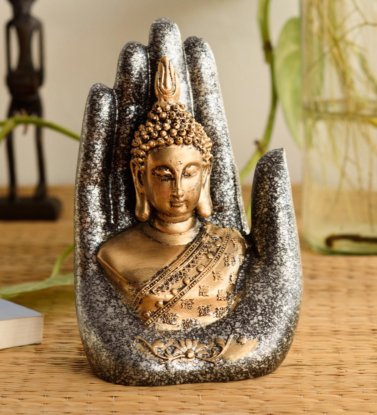 Silver Polyresin Handcrafted Buddha Palm Idol