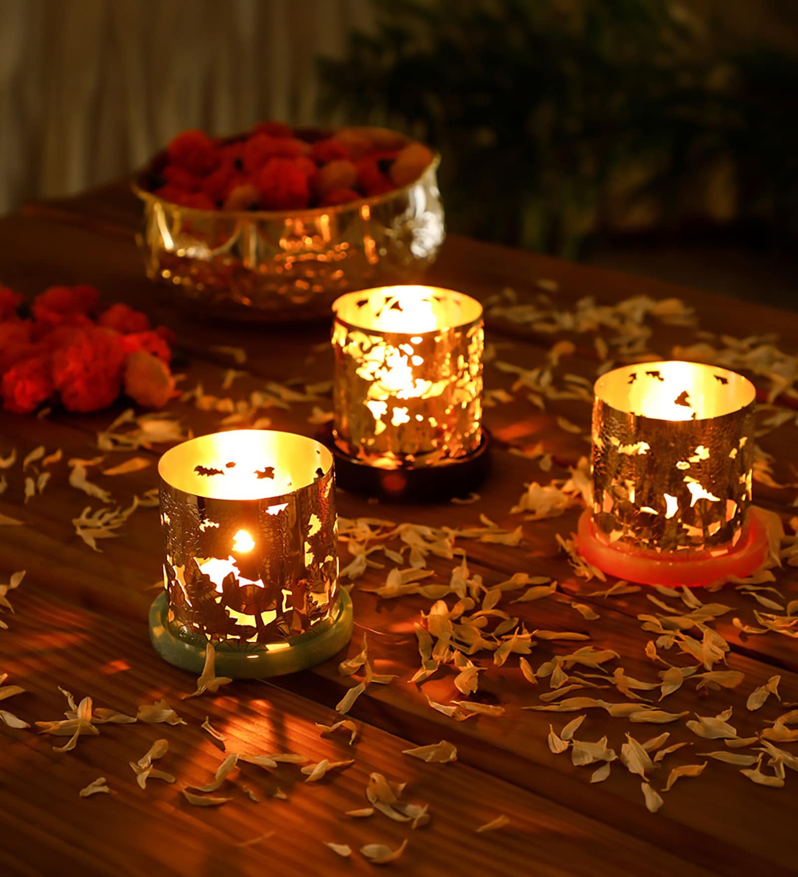 Silver Rose Tealight Candle Holder with Wood Base