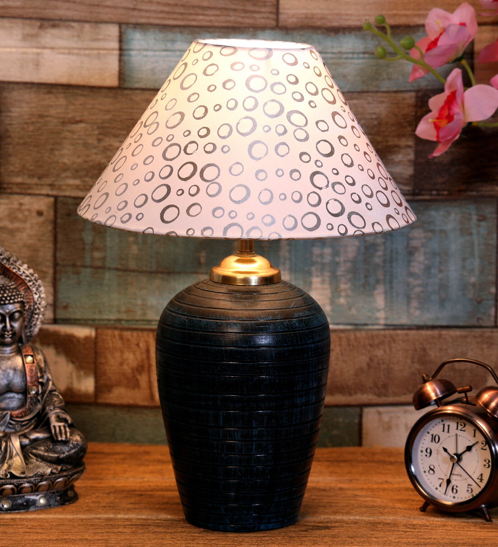 White & Silver Shade Table Lamp With Terracotta Base