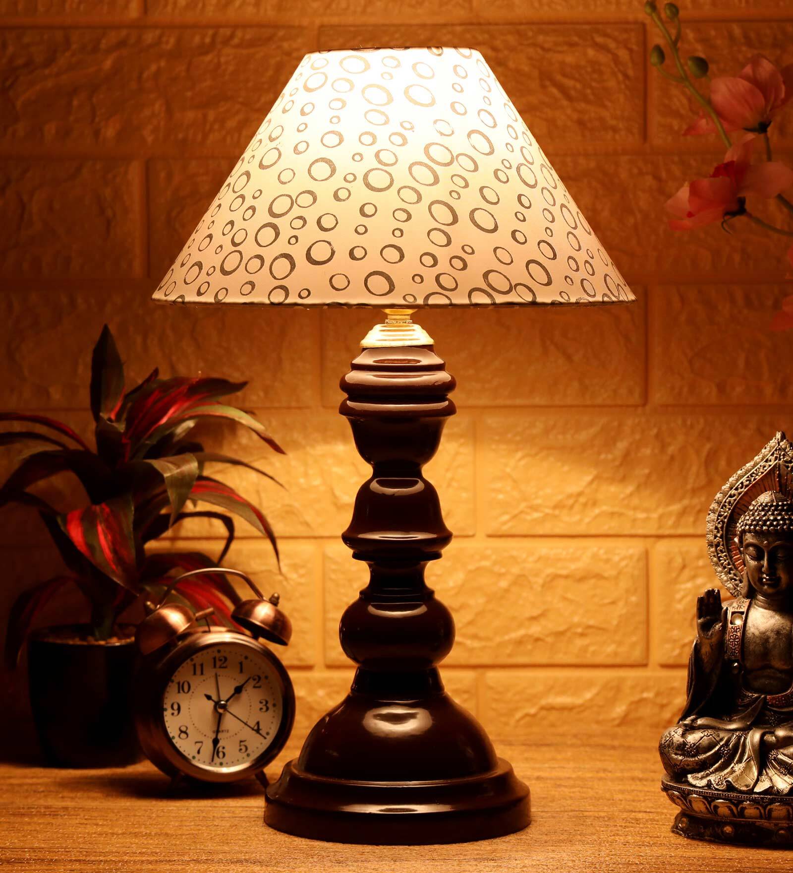 Gerard Silver Fabric Shade Night Lamp With Wood Base