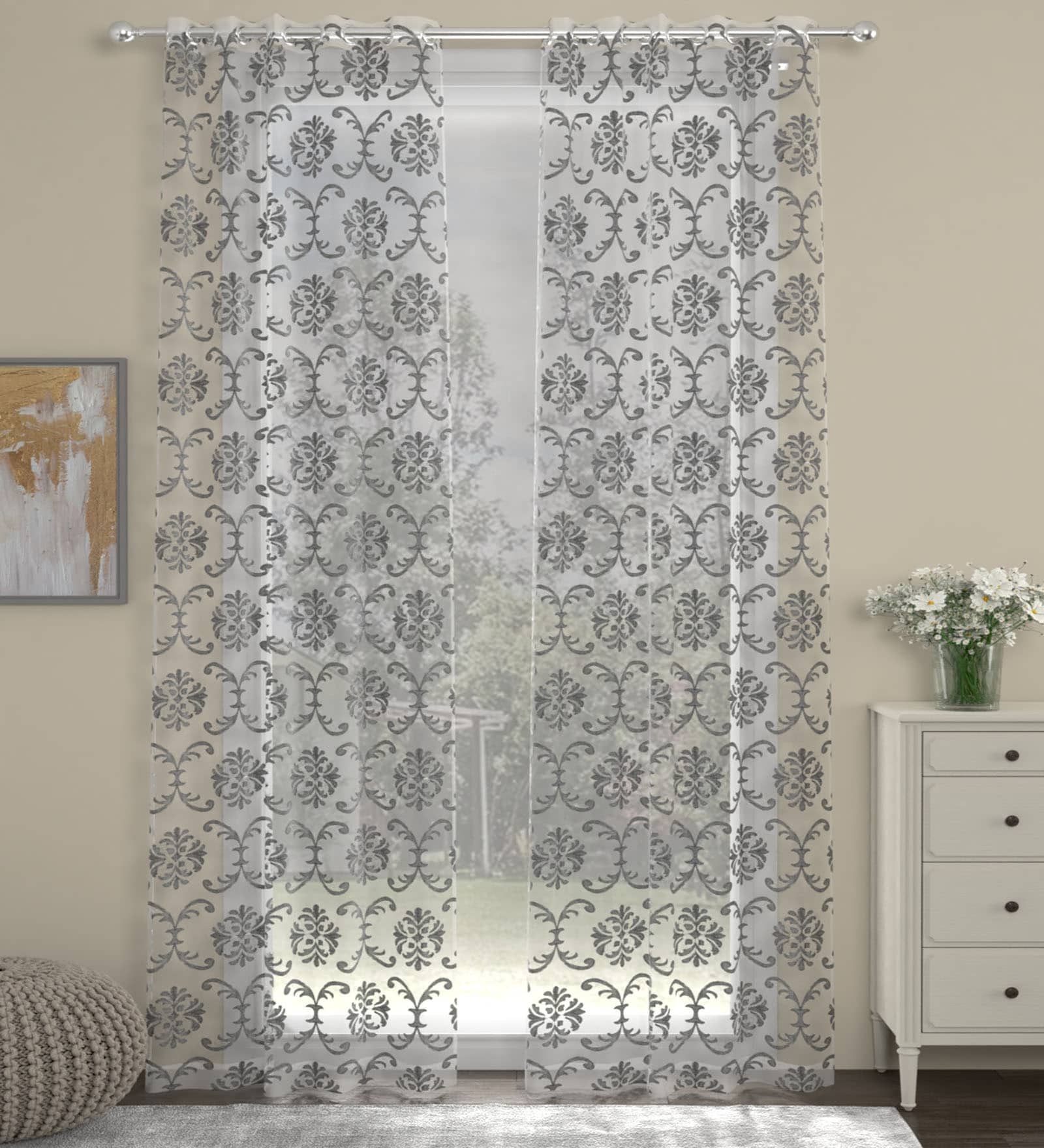 Grey Traditional Polyester 5 Ft Sheer Eyelet Window Curtains (Set of 2)