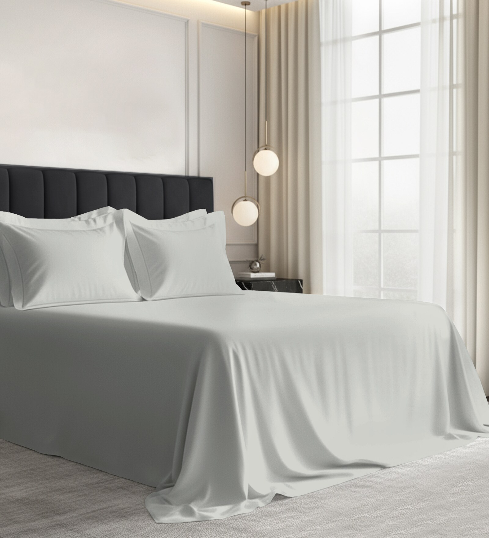 Silver Solid 1000 TC Cotton Super King Sized Bedsheet with 4 Pillow Covers