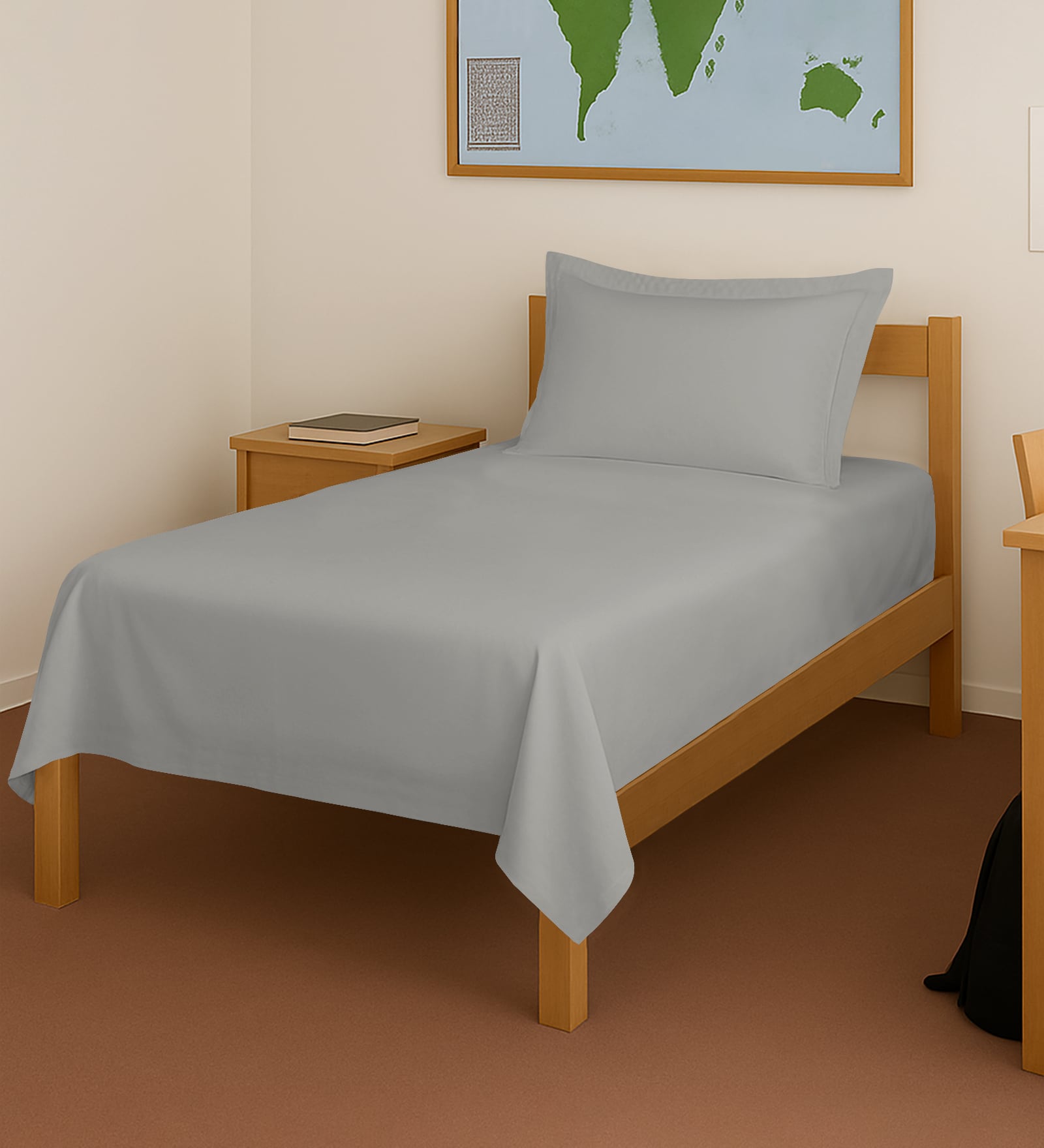 Silver Solid 400 TC Cotton Single Sized Bedsheet with 1 Pillow Cover