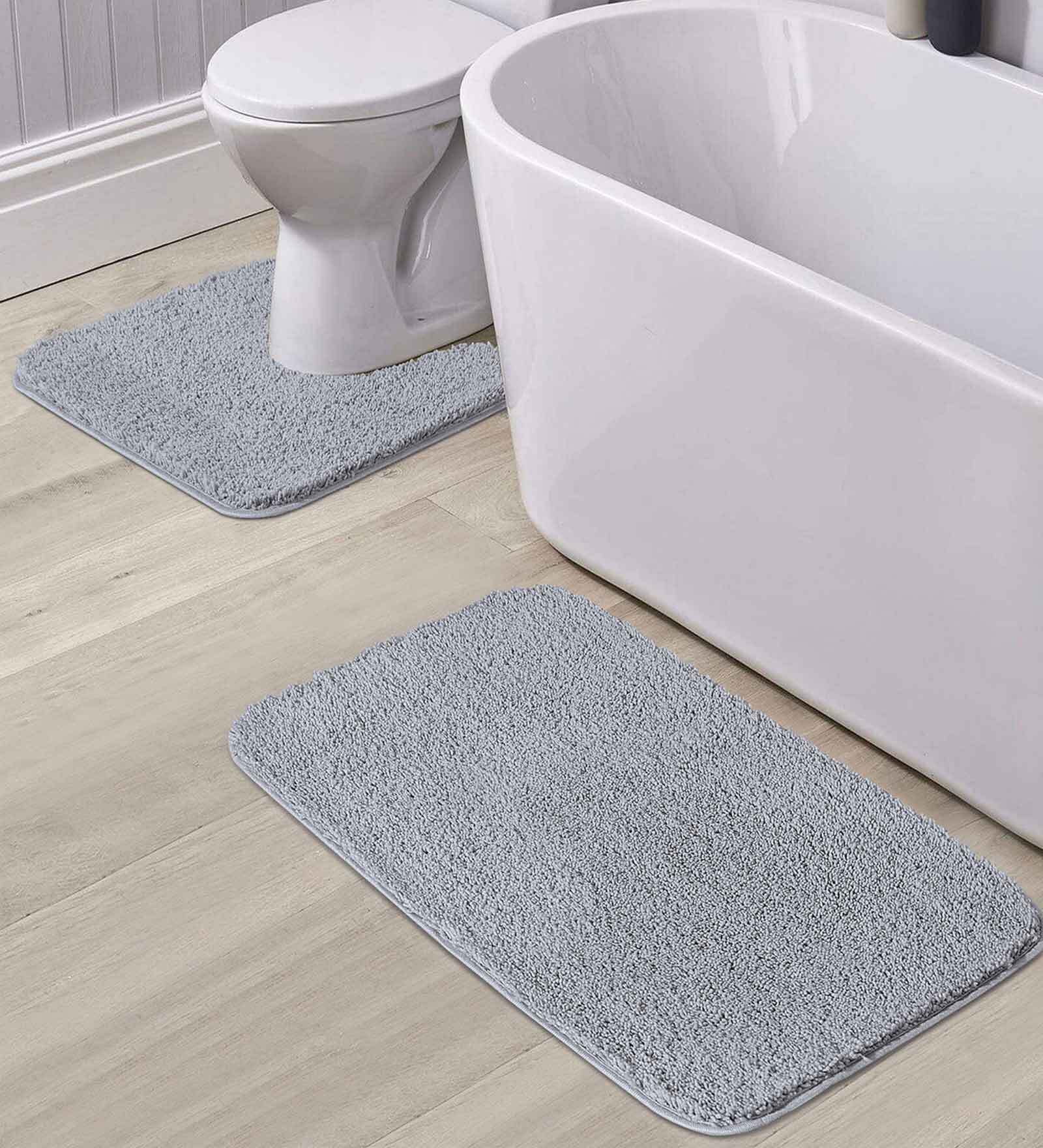 Silver Solid Polyester 28x20 Inches AntiSkid 1 Bathmat & 1 Contour Mat