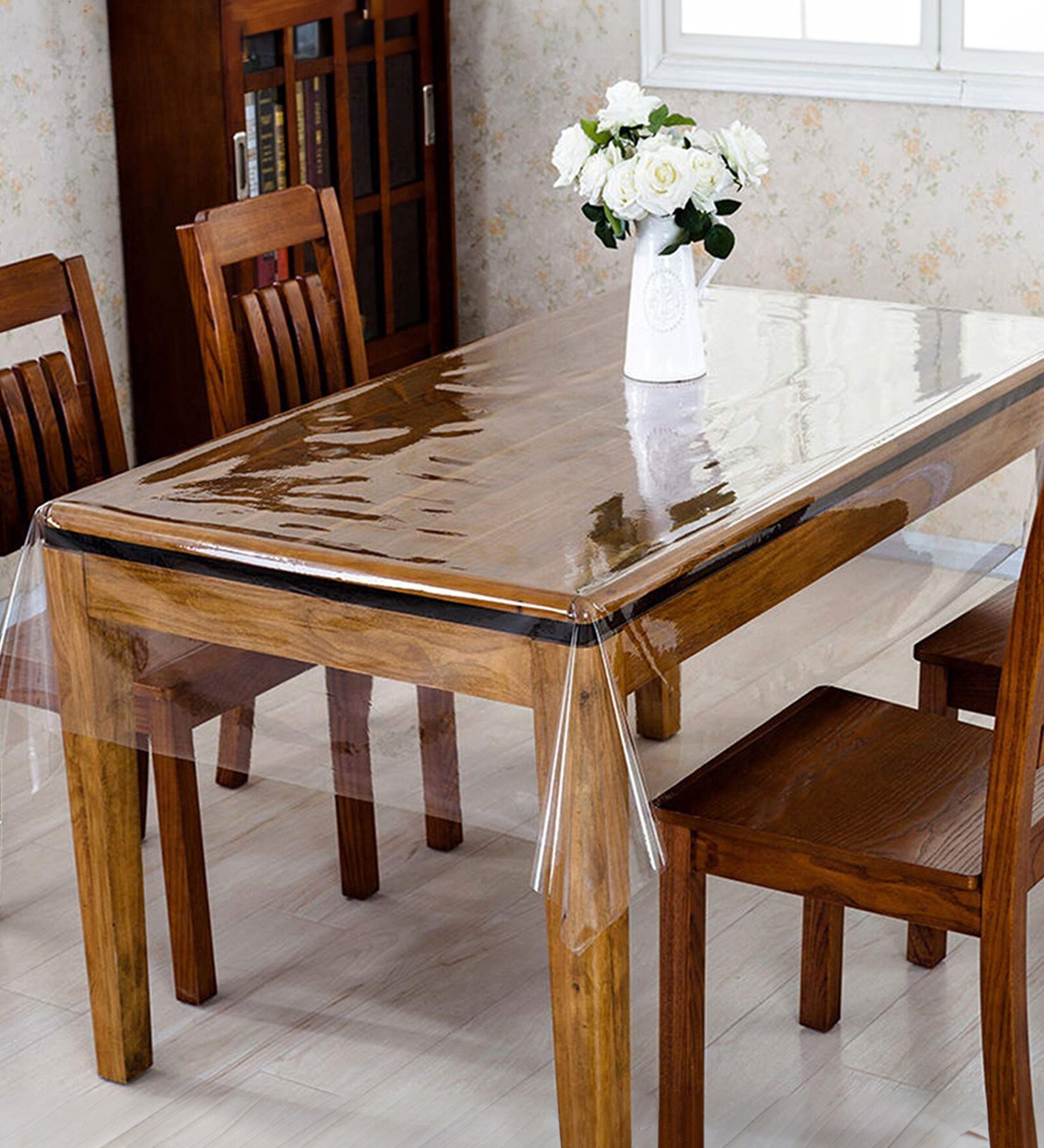 Silver Solids 1 Pc PVC 4 Seater Embellished Dining Table Cover