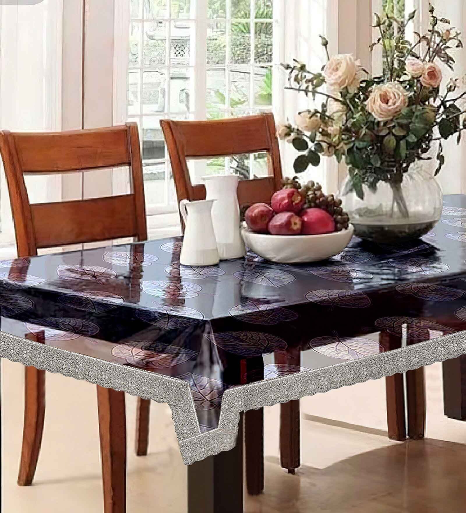Silver Solids 1 Pc PVC 6 Seater Embellished Dining Table Cover