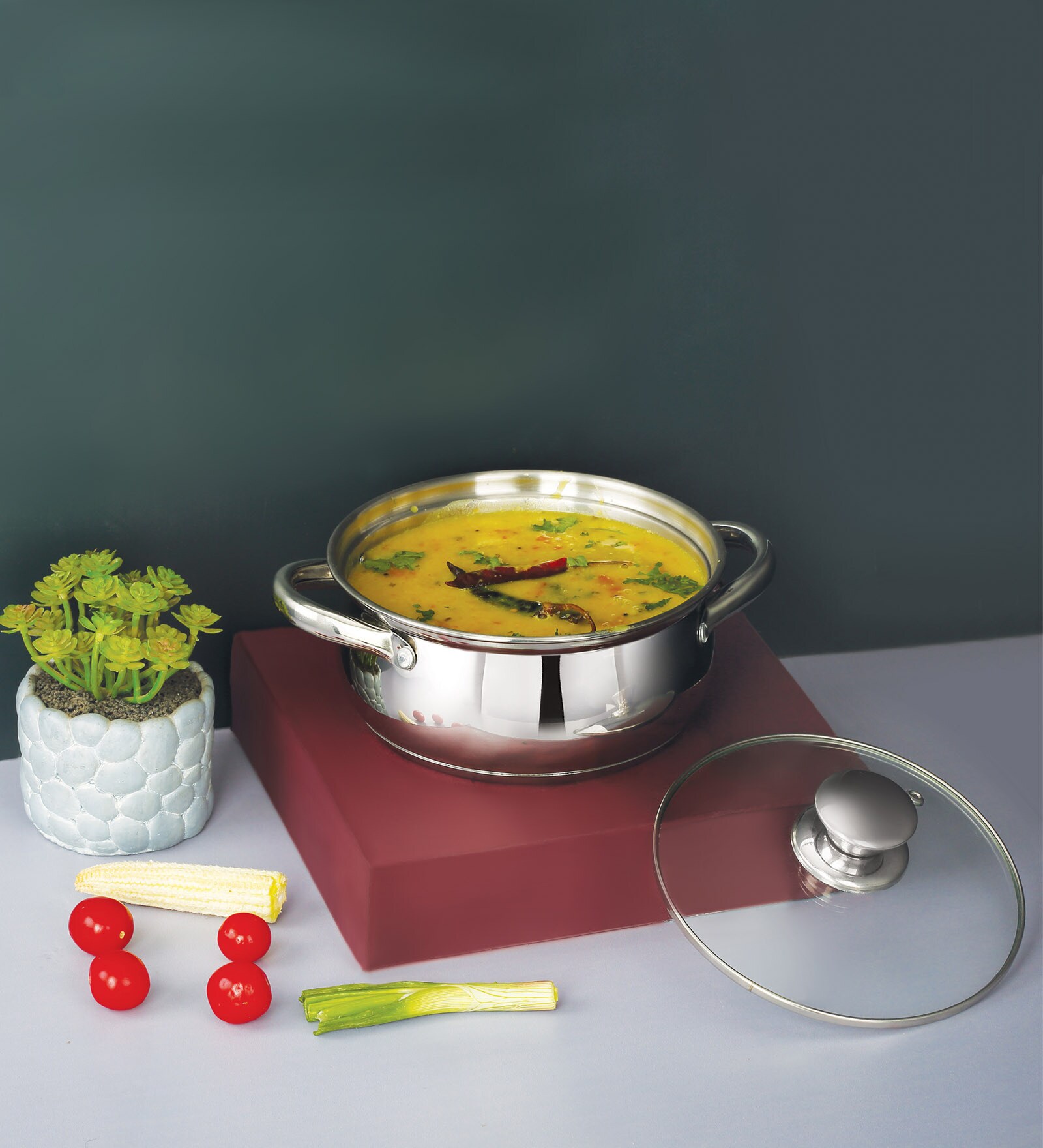 Silver Stainless Steel 1.3 ltr Induction & Gas Compatible Sandwich Bottom Handis with Glass Lid