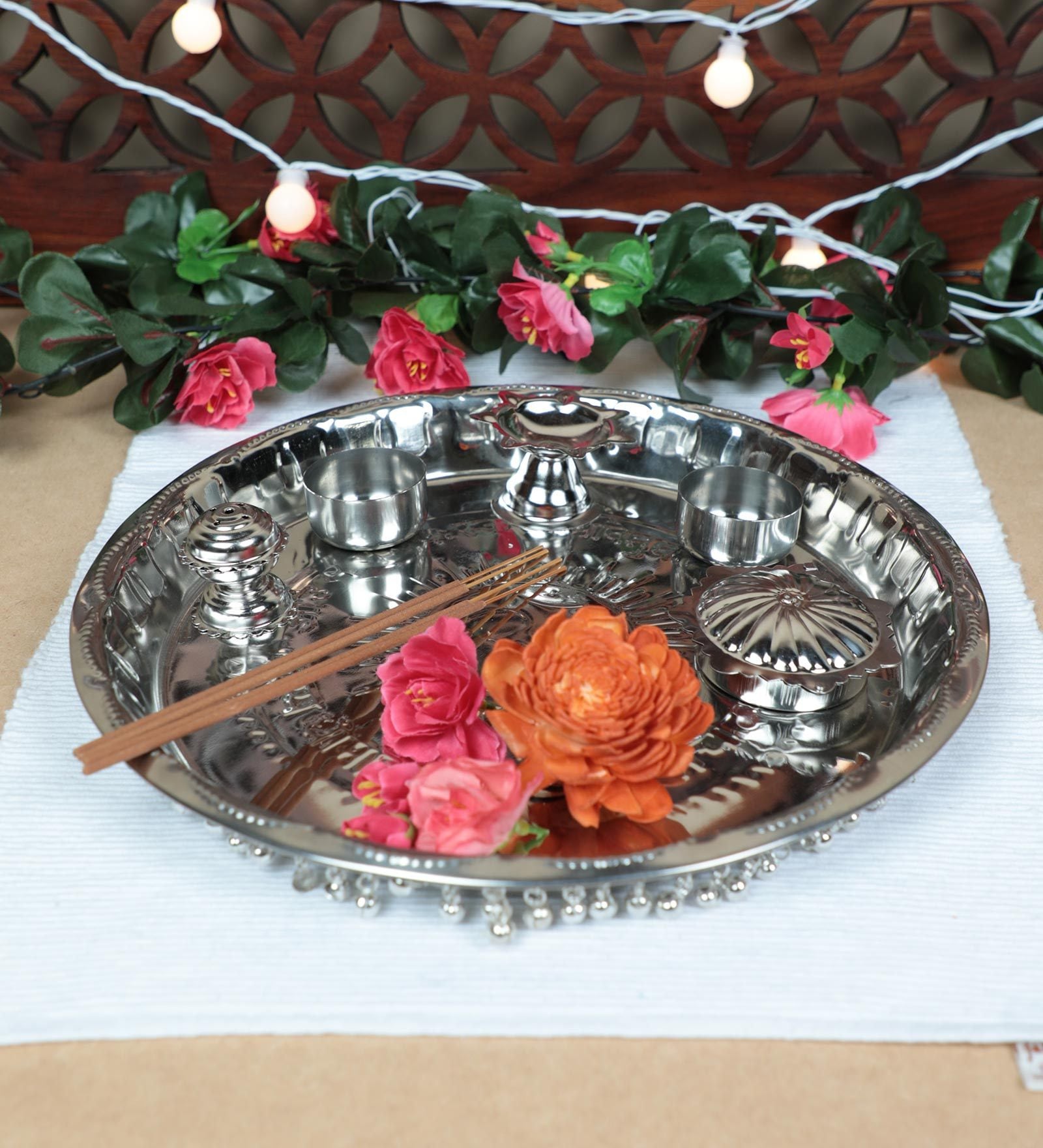 Silver Stainless Steel Gungroo Pooja Thaali