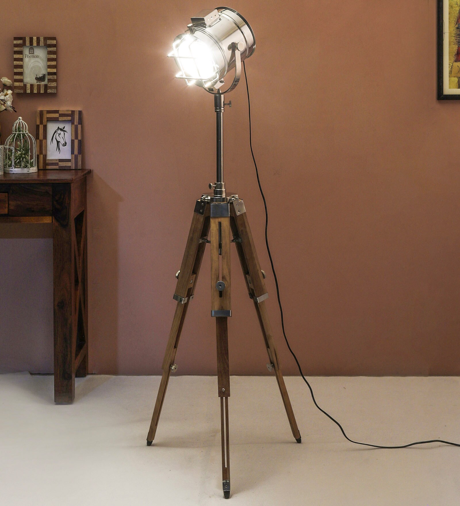 Short Silver Metal Shade Tripod Floor Lamp With Wood Base