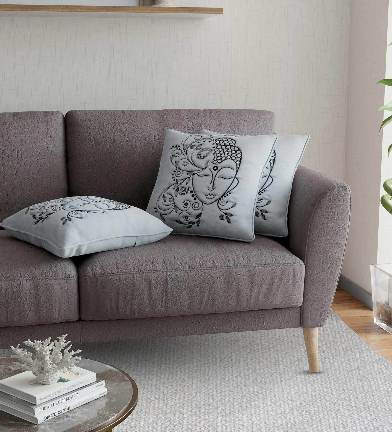 Silver Traditional Cotton 16 x 16 Inches Embroidered Cushion Covers (Set of 3)