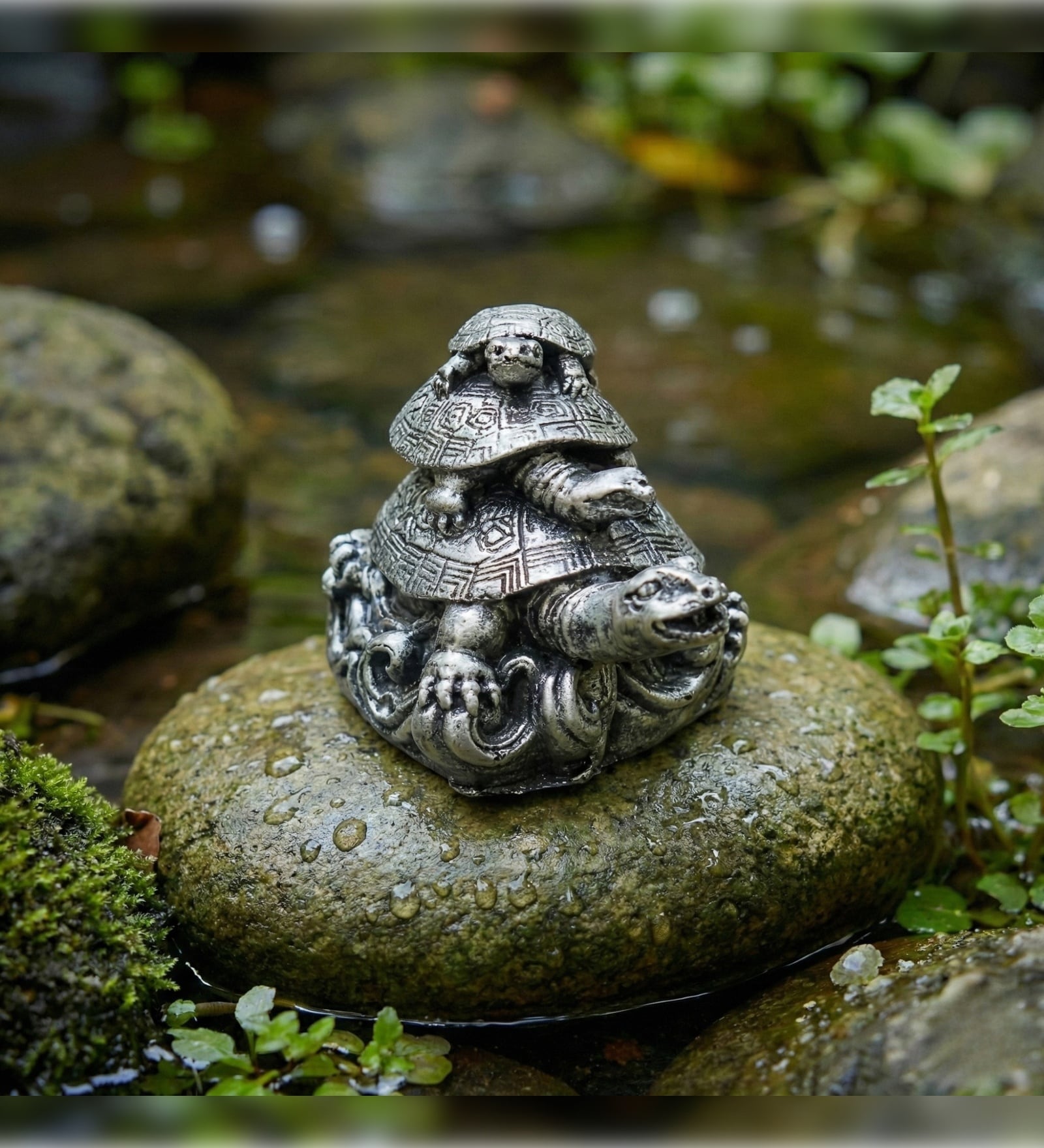 Silver Triple Tortoise Statue