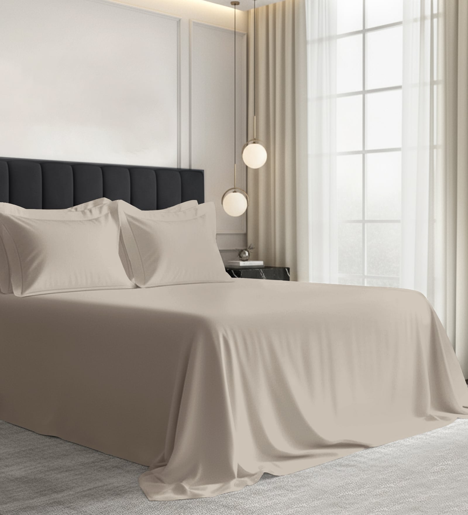 Simply Taupe Solid 1000 TC Cotton Super King Sized Bedsheet with 4 Pillow Covers