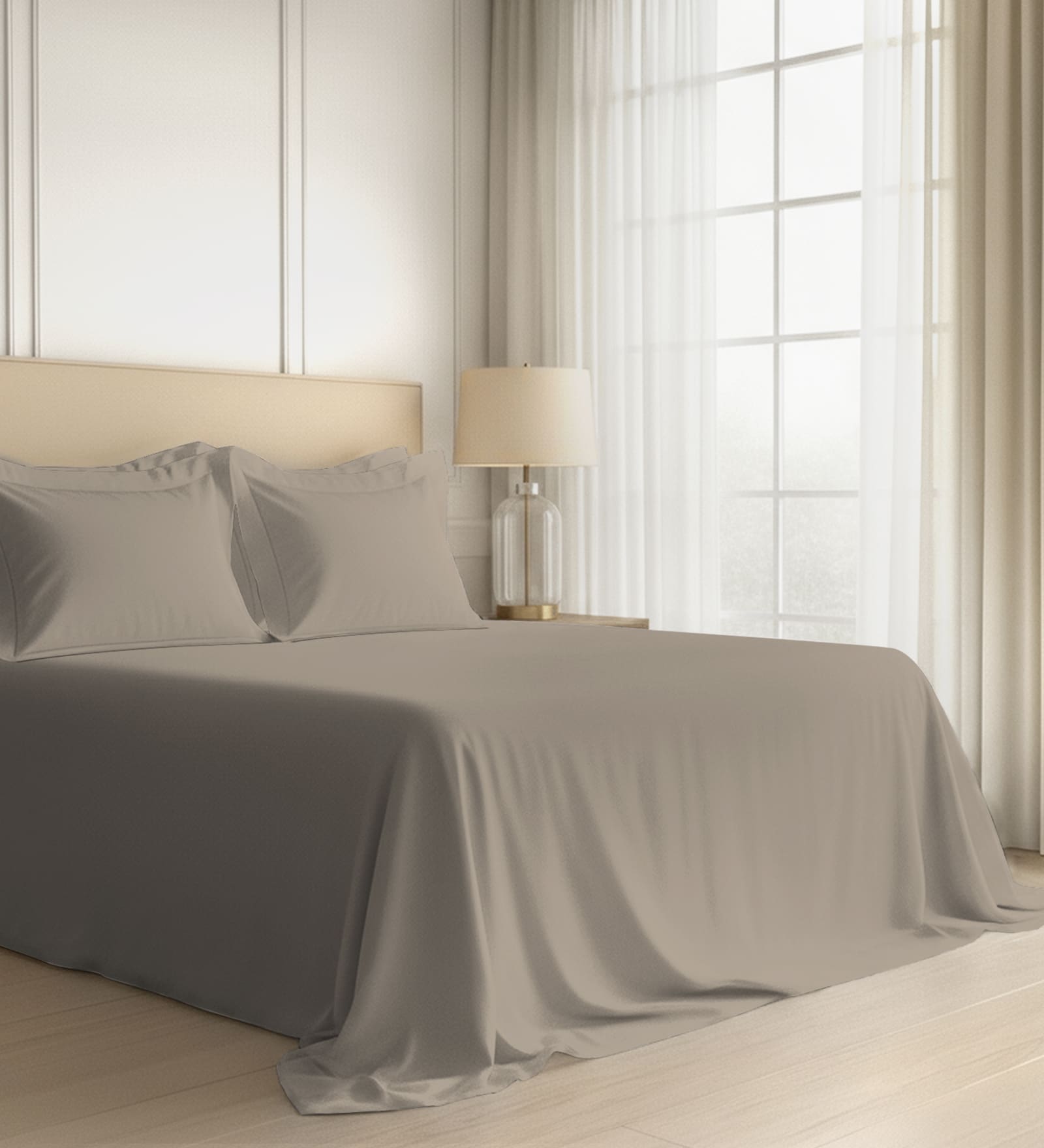 Simply Taupe Solid 600 TC Cotton Super King Sized Bedsheet with 4 Pillow Covers