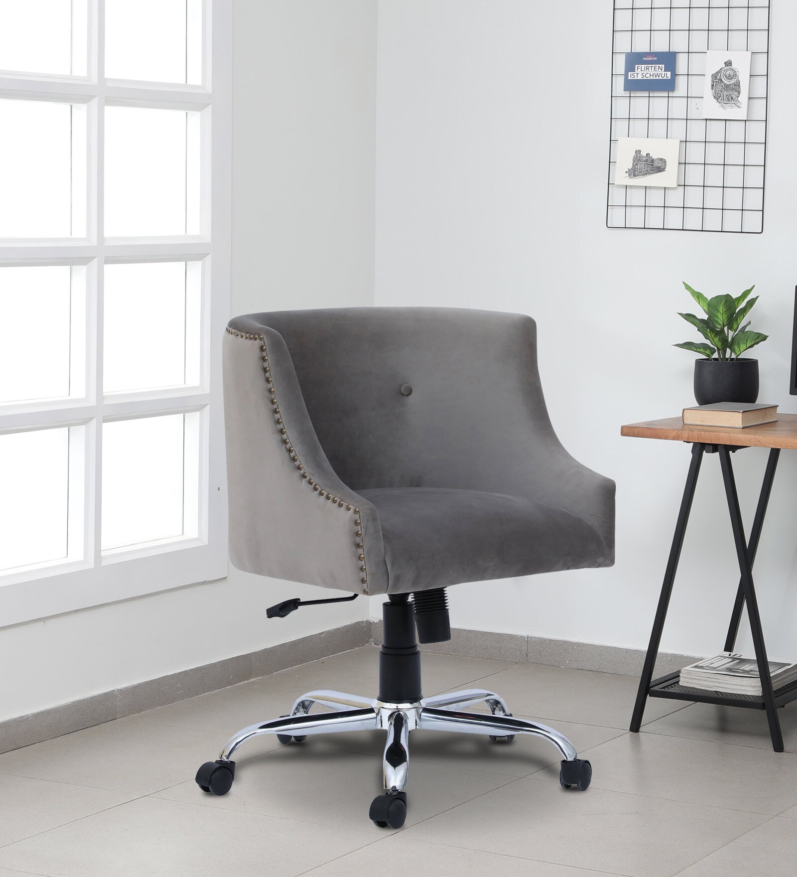 Sines Velvet Ergonomic Chair in Grey Colour