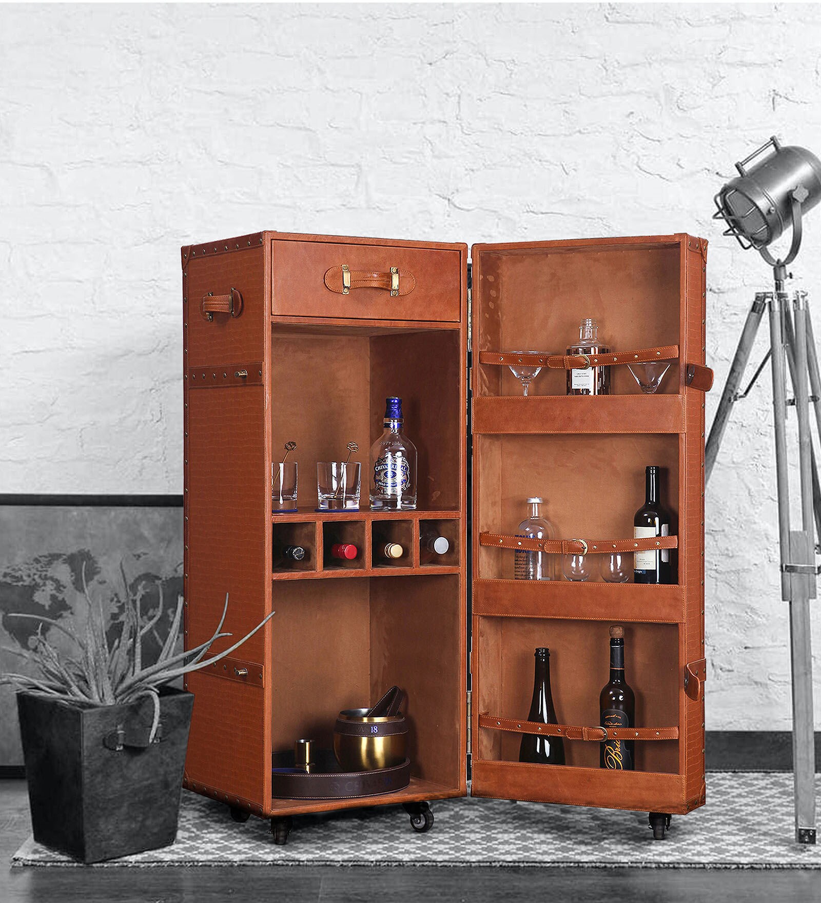 Buy Single Door Bar on Wheels In Tan Leather By Studio Ochre
