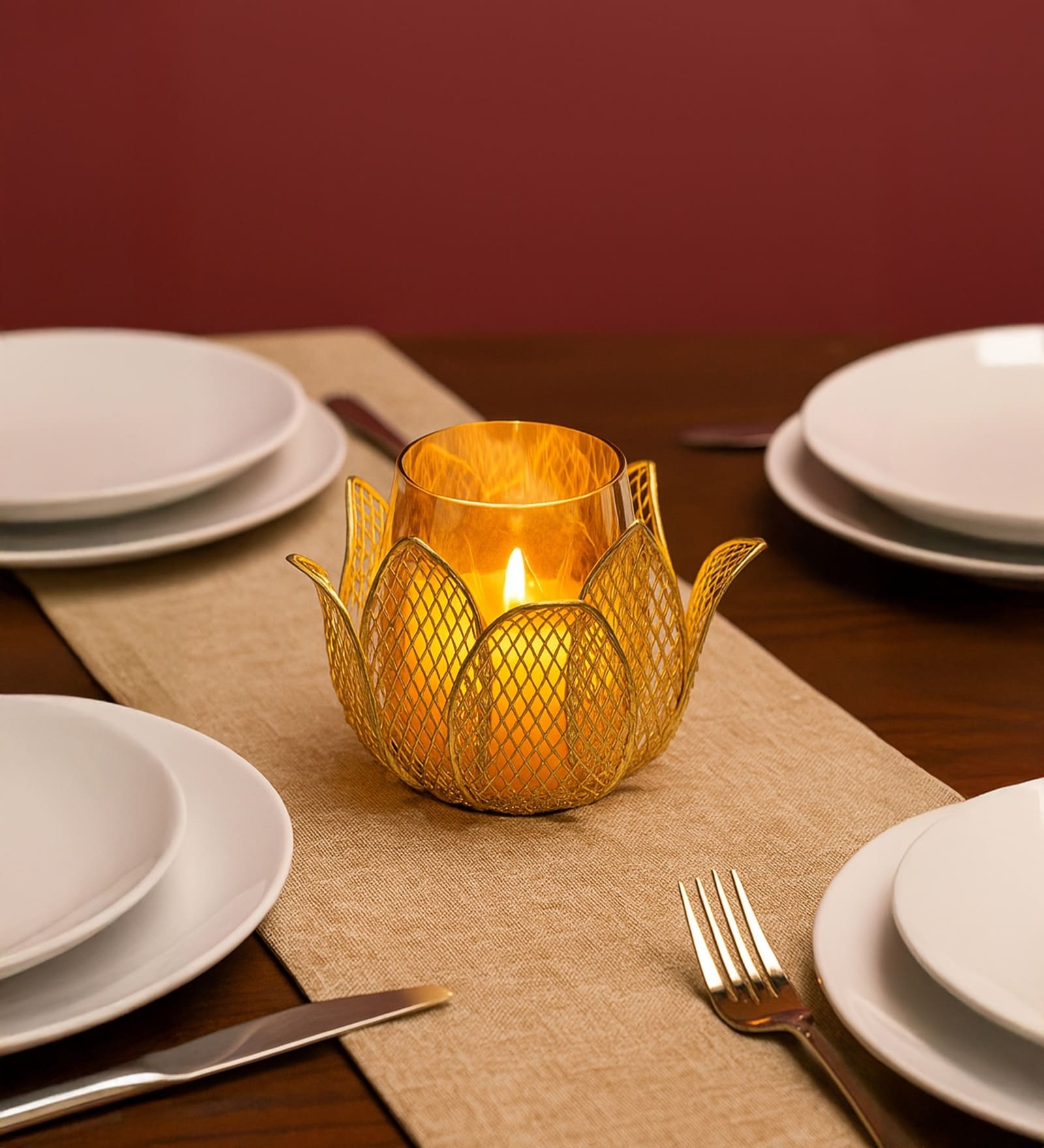 Golden Metal Lotus Tea Light Holder