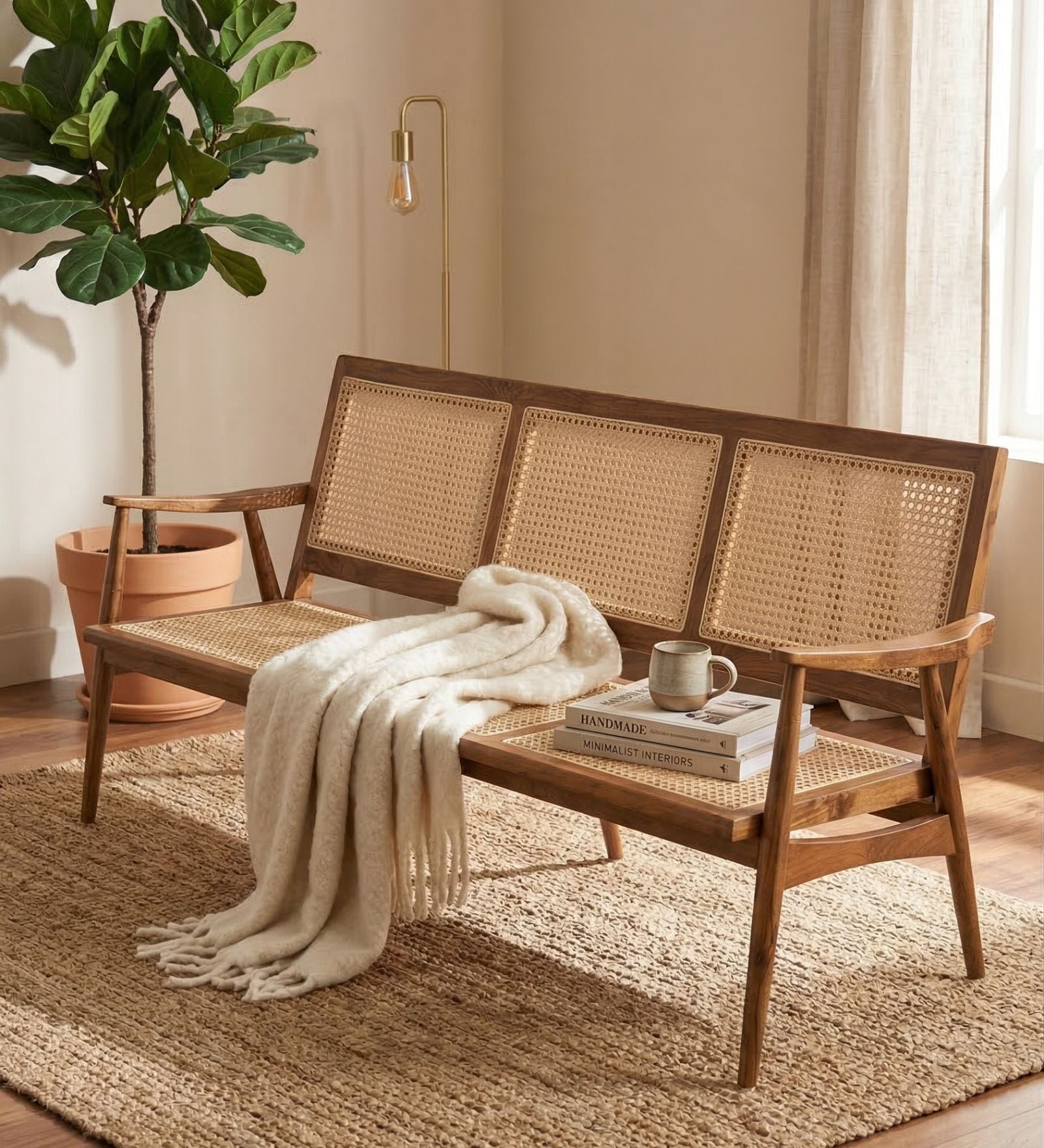 Sinni Solid Wood 3 Seater Sofa Chair In Natural Finish