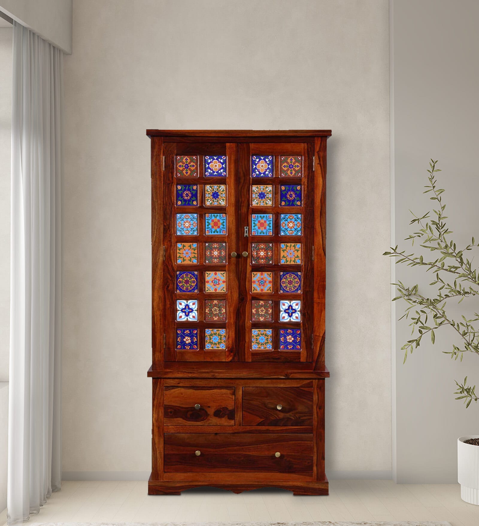 Siramika Sheesham Wood 2 Door Wardrobe In Honey Oak Finish With Drawer