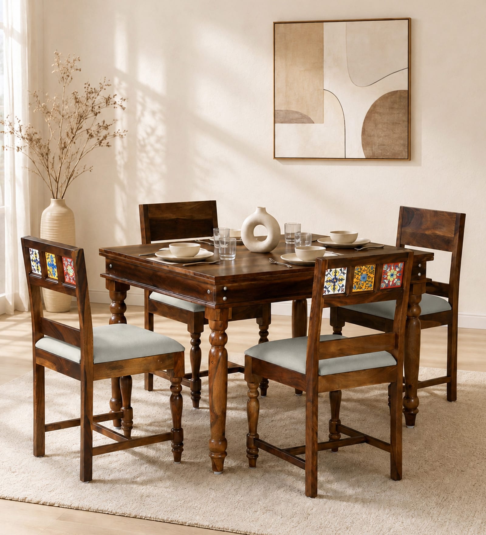 Siramika Sheesham Wood 4 Seater Dining Set In Provincial Teak Finish Siramika Sheesham Wood 4 Seater Dining Set In Provincial Teak Finish