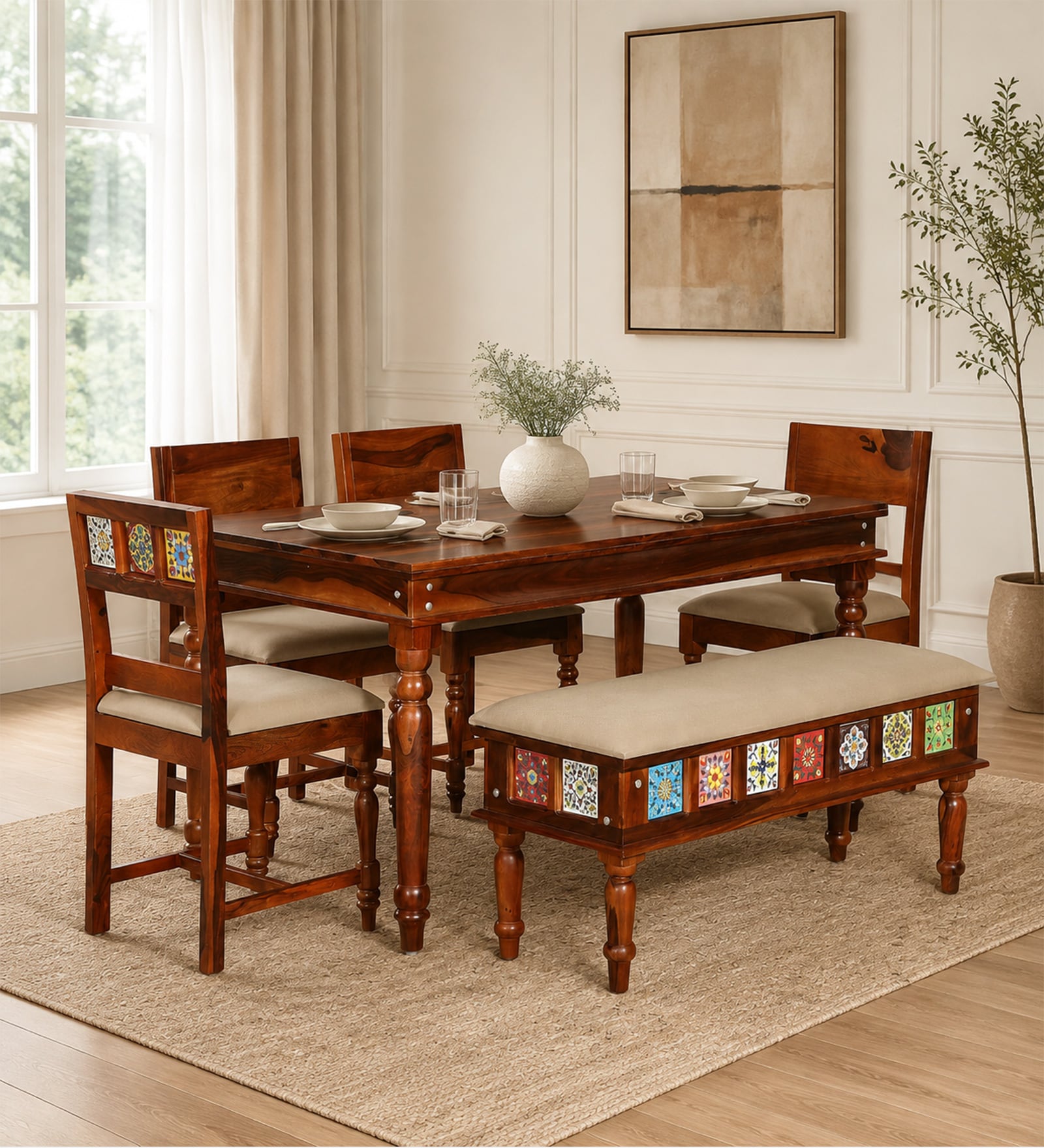 Siramika Sheesham Wood 6 Seater Dining Set In Honey Oak Finish With Cushioned Bench Siramika Sheesham Wood 6 Seater Dining Set In Honey Oak Finish With Cushioned Bench