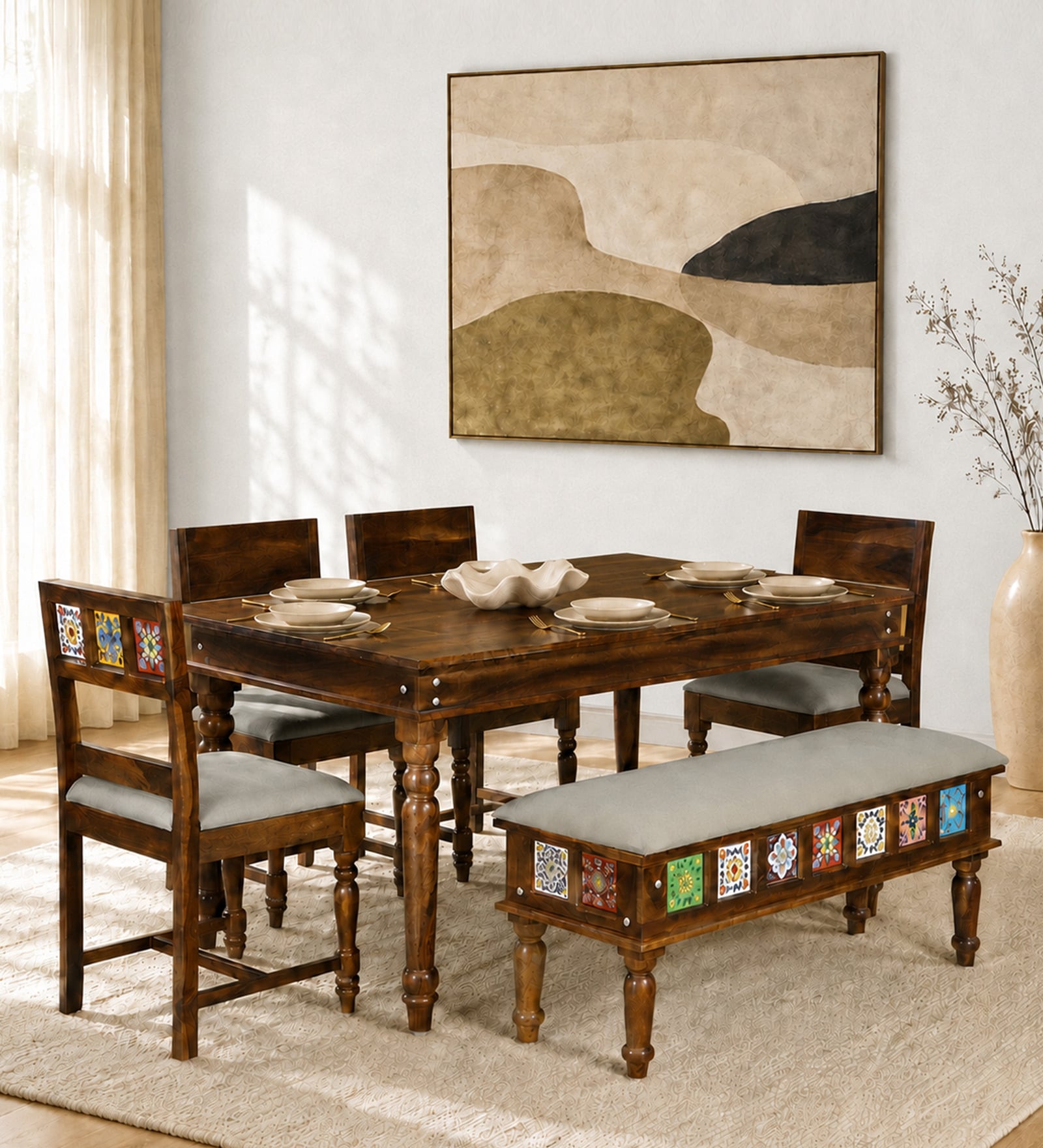 Siramika Sheesham Wood 6 Seater Dining Set In Provincial Teak Finish With Cushioned Bench Siramika Sheesham Wood 6 Seater Dining Set In Provincial Teak Finish With Cushioned Bench