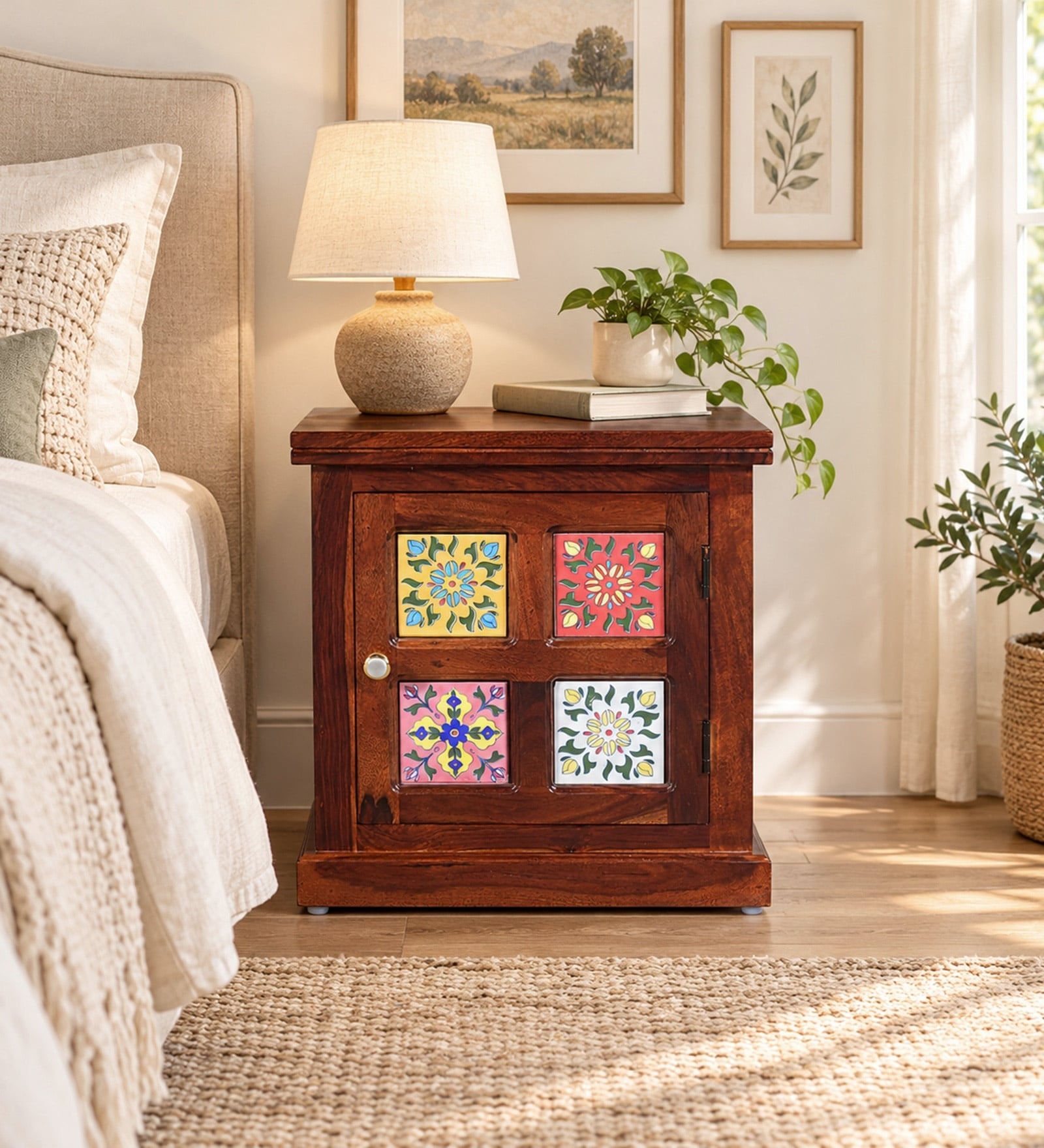 Siramika Sheesham Wood Bedside Table (LHS Door) In Honey Oak Finish