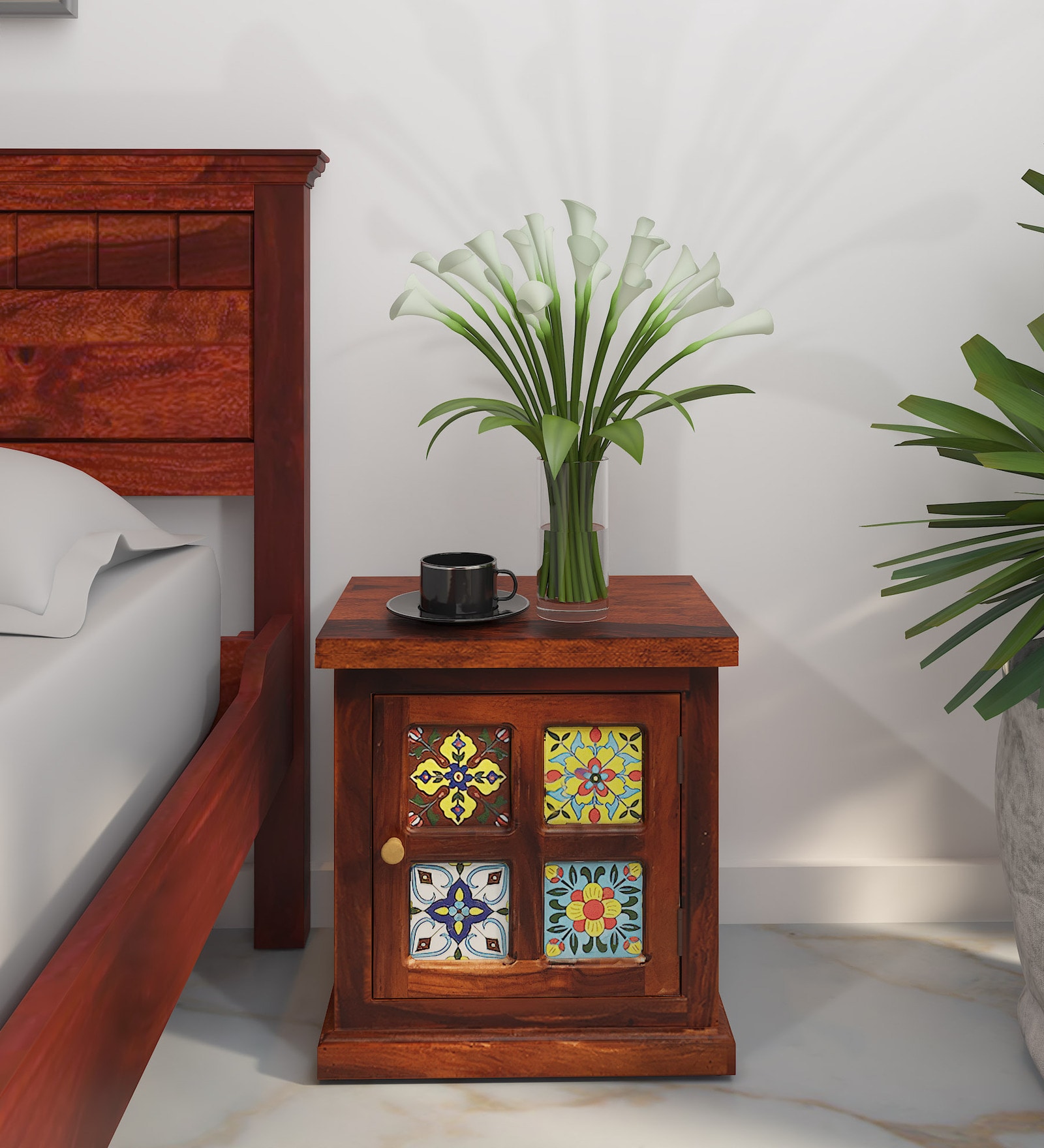 Siramika Sheesham Wood Bedside Table (Rhs Door) In Honey Oak Finish