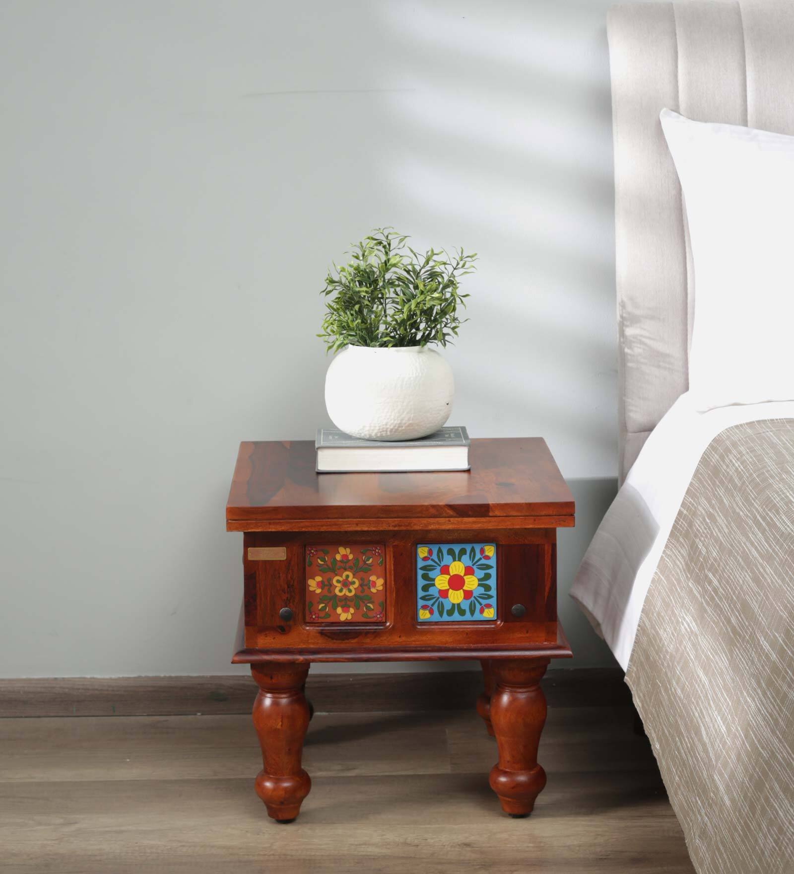 Siramika Sheesham Wood Bedside Table In Honey Oak Finish