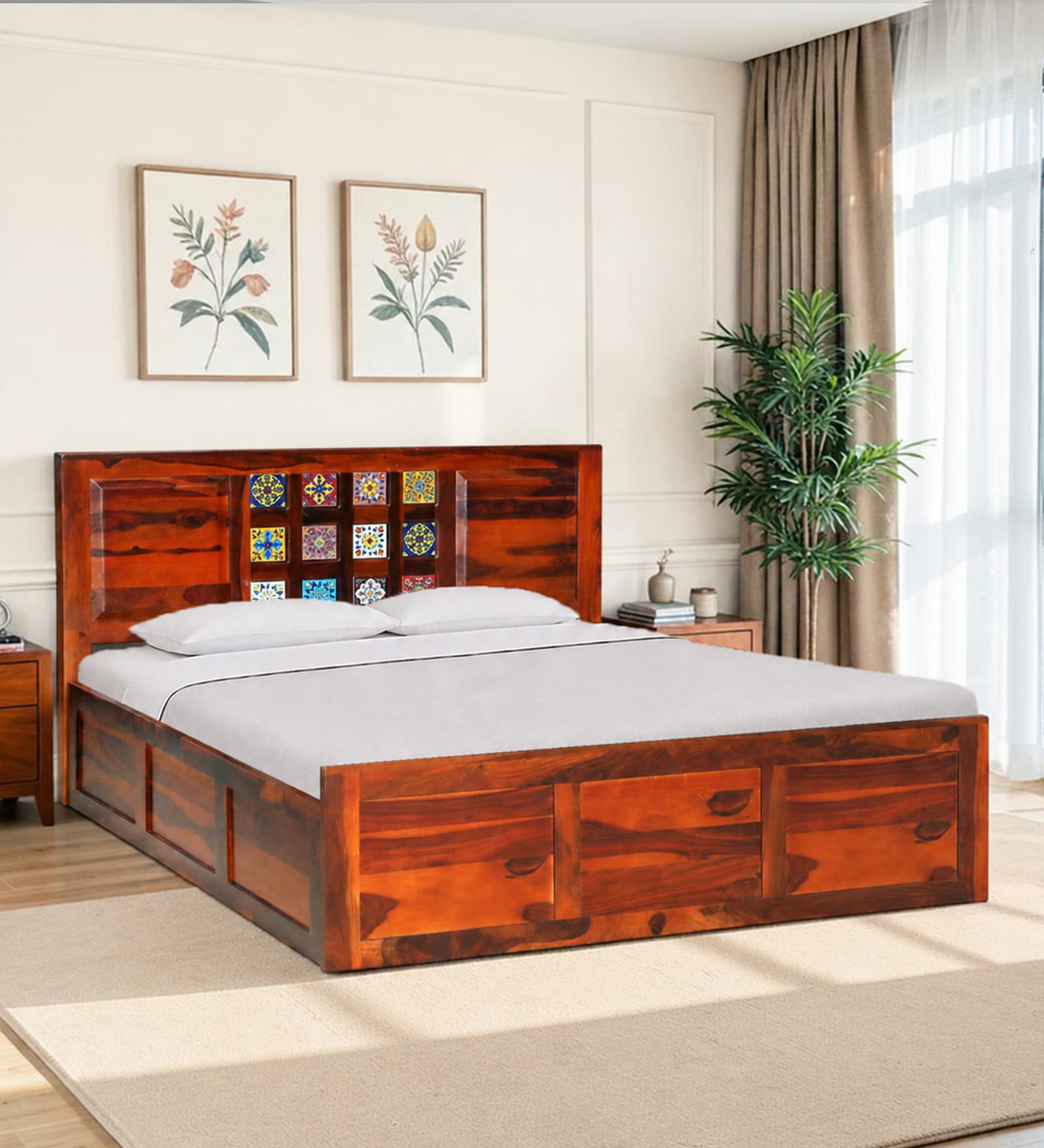 Siramika Sheesham Wood King Size Bed In Honey Oak Finish  With Hydraulic Storage
